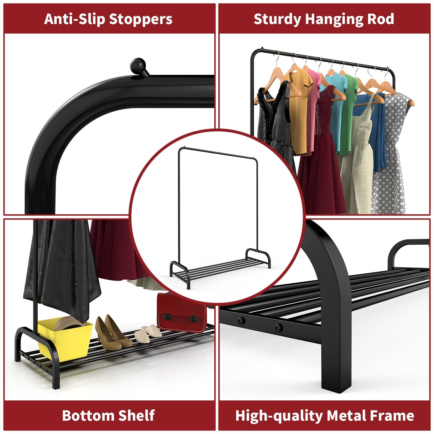 Vinsani Black Free-Standing Clothes Rail and Shoe Rack with Side Stoppers