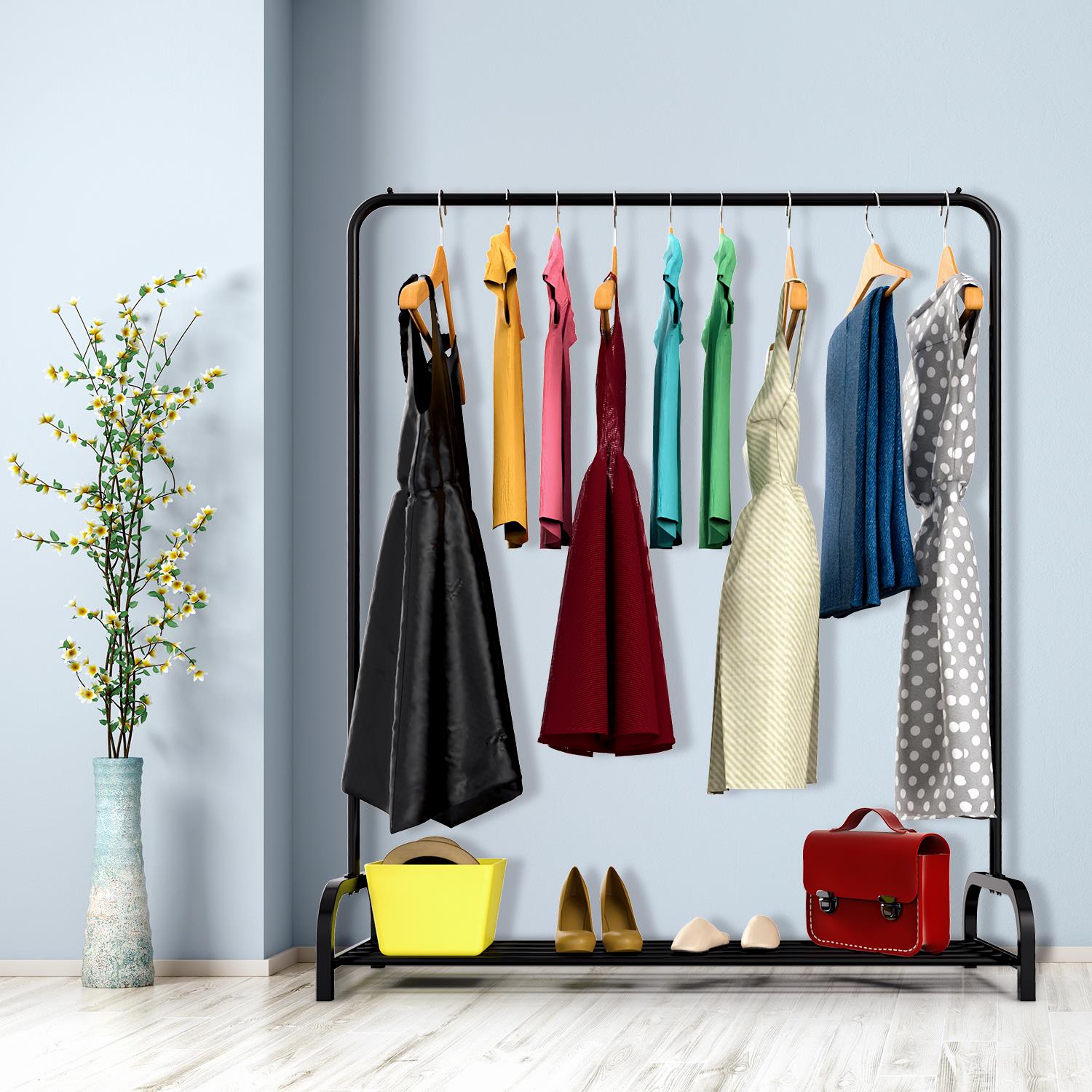Vinsani Black Free-Standing Clothes Rail and Shoe Rack with Side Stoppers
