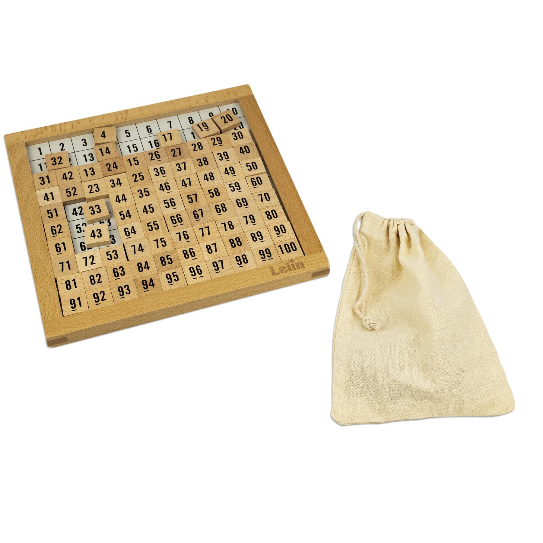 LELIN Wooden Hundred Board Counting Toy with 100-Grid Board, Control Board, Number Squares and Storage Bag