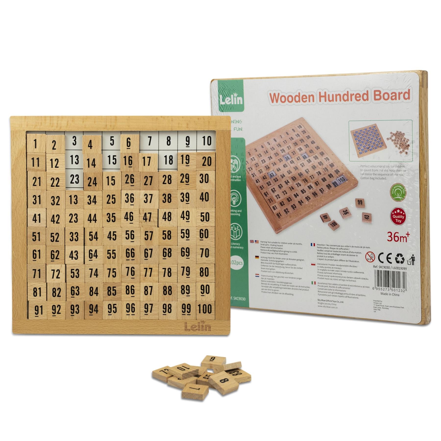 LELIN Wooden Hundred Board Counting Toy with 100-Grid Board, Control Board, Number Squares and Storage Bag