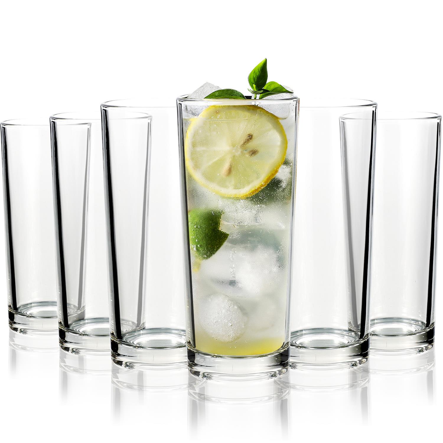 Vinsani Set of 6 HiBall Glasses, 250ml Long Drink Glasses, Dishwasher Safe
