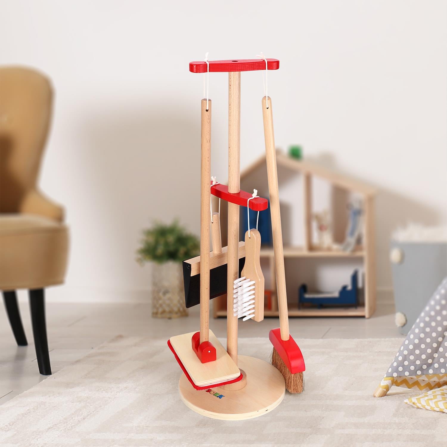 Lelin Wooden Kids Cleaning Play Set with Broom, Mop, Dustpan & Stand