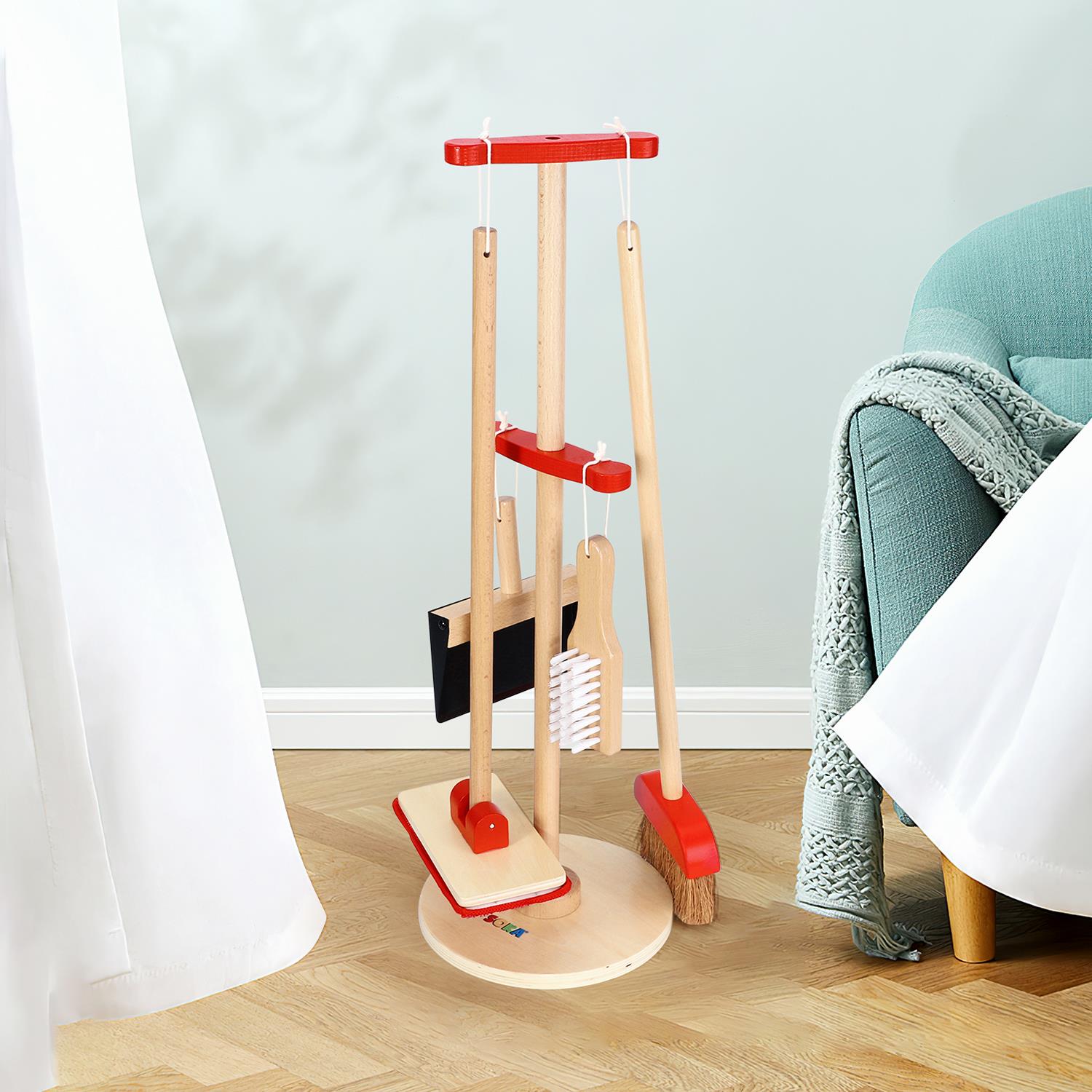 Lelin Wooden Kids Cleaning Play Set with Broom, Mop, Dustpan & Stand