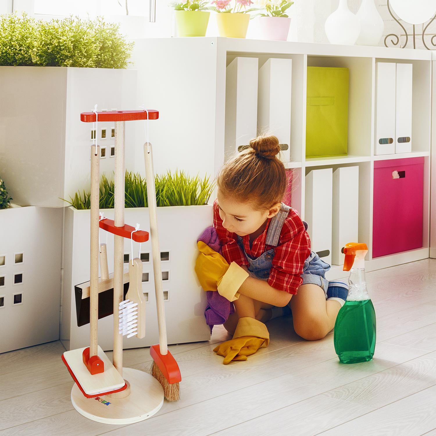 Lelin Wooden Kids Cleaning Play Set with Broom, Mop, Dustpan & Stand