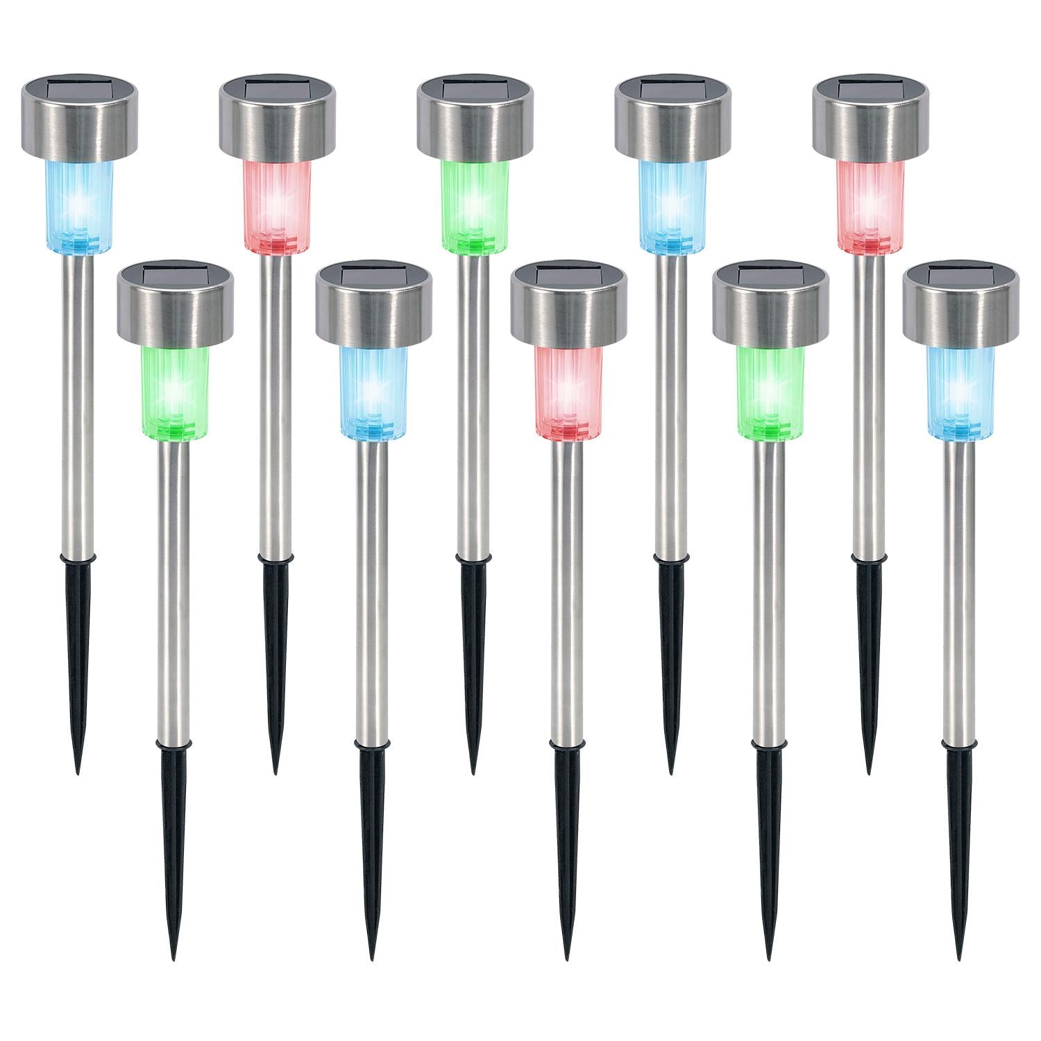 Vinsani 10 Pack Colour Changing Stainless Steel Solar Powered Stick Post LED Lights for Garden Borders, Paths, Driveways and Entrances, Water Resistant
