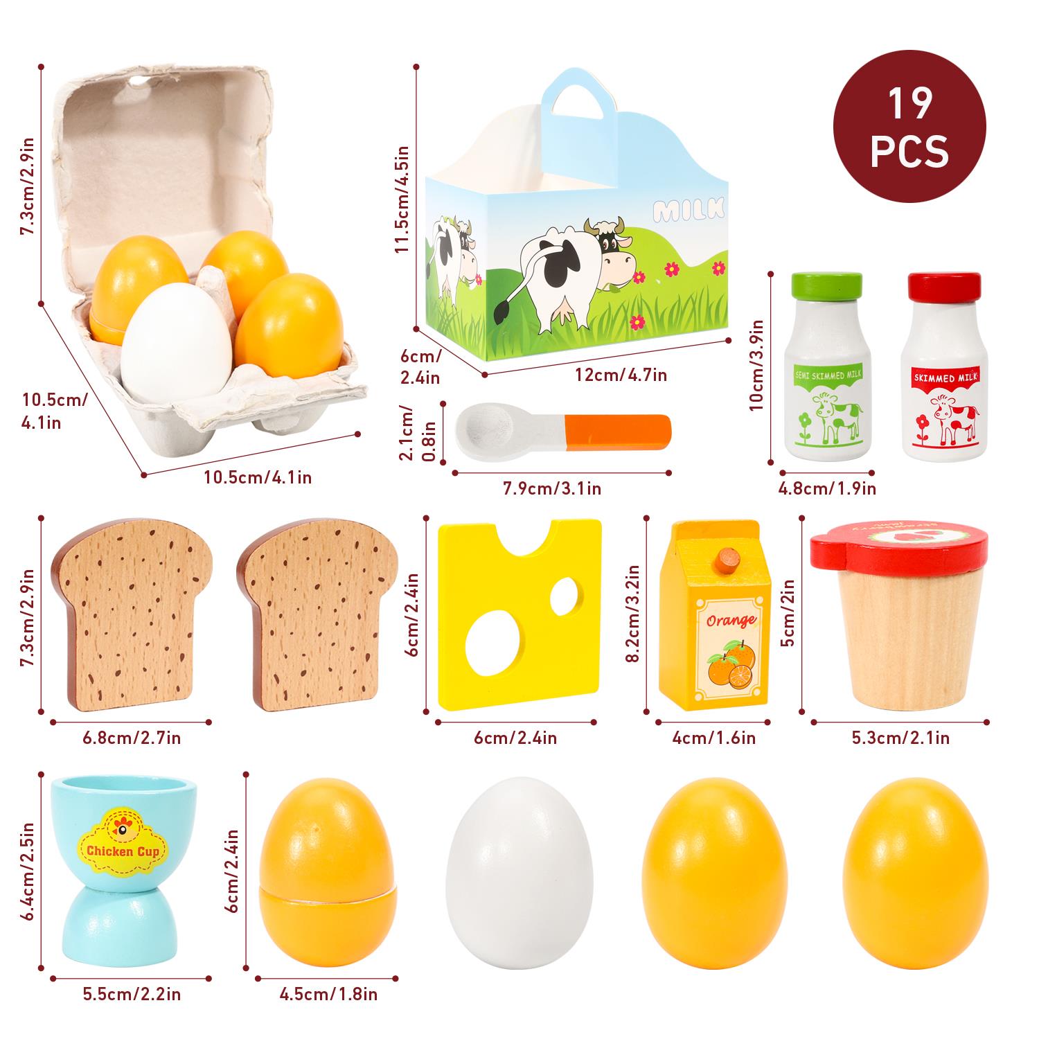 SOKA Wooden Breakfast Play Set for Dolls, Pretend Food Toy with Eggs, Milk, Juice, Toast, Jam and Cheese