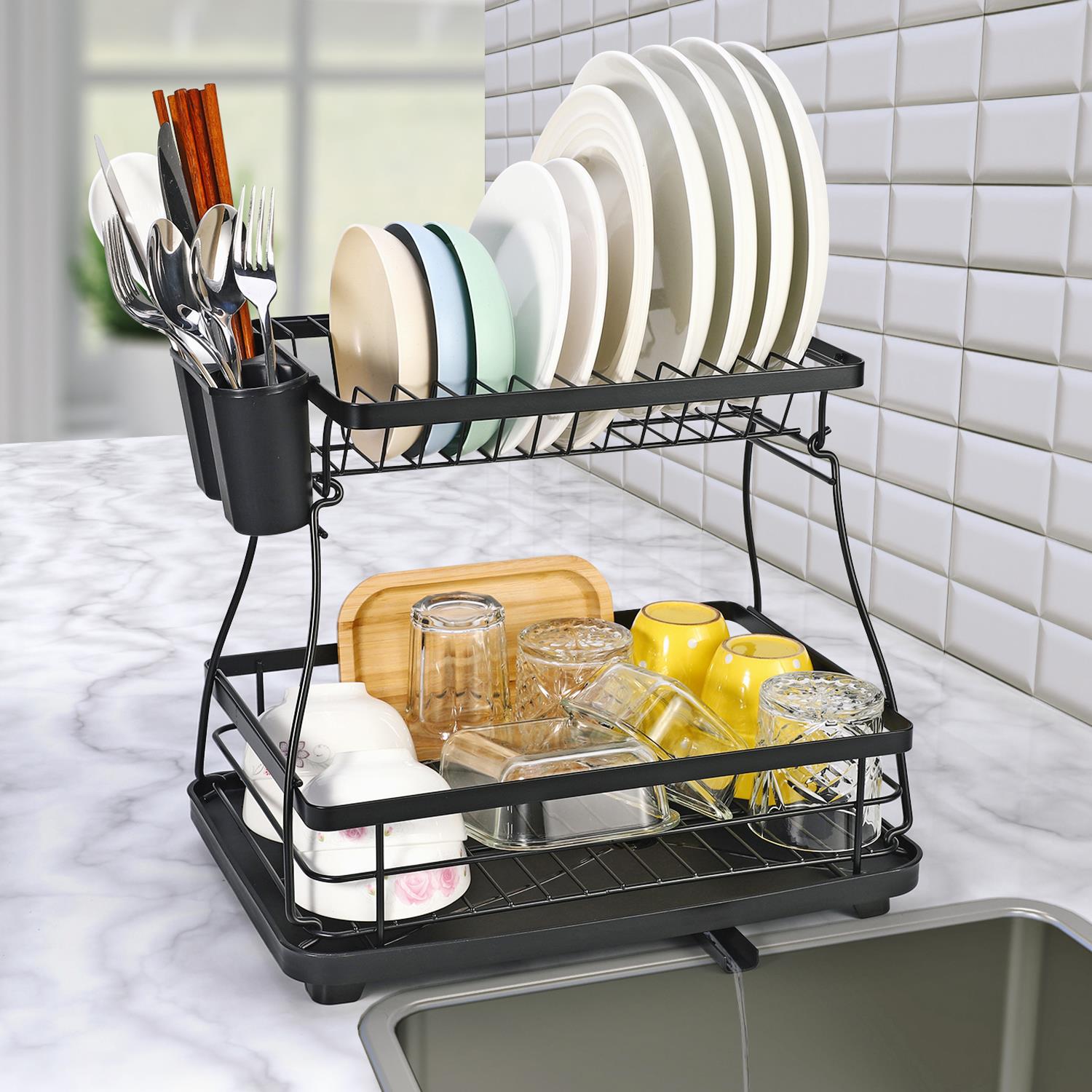Vinsani 2-Tier Detachable Dish Drying Rack with Automatic Drainage, Stainless Steel, Utensil Holder and Drip Tray