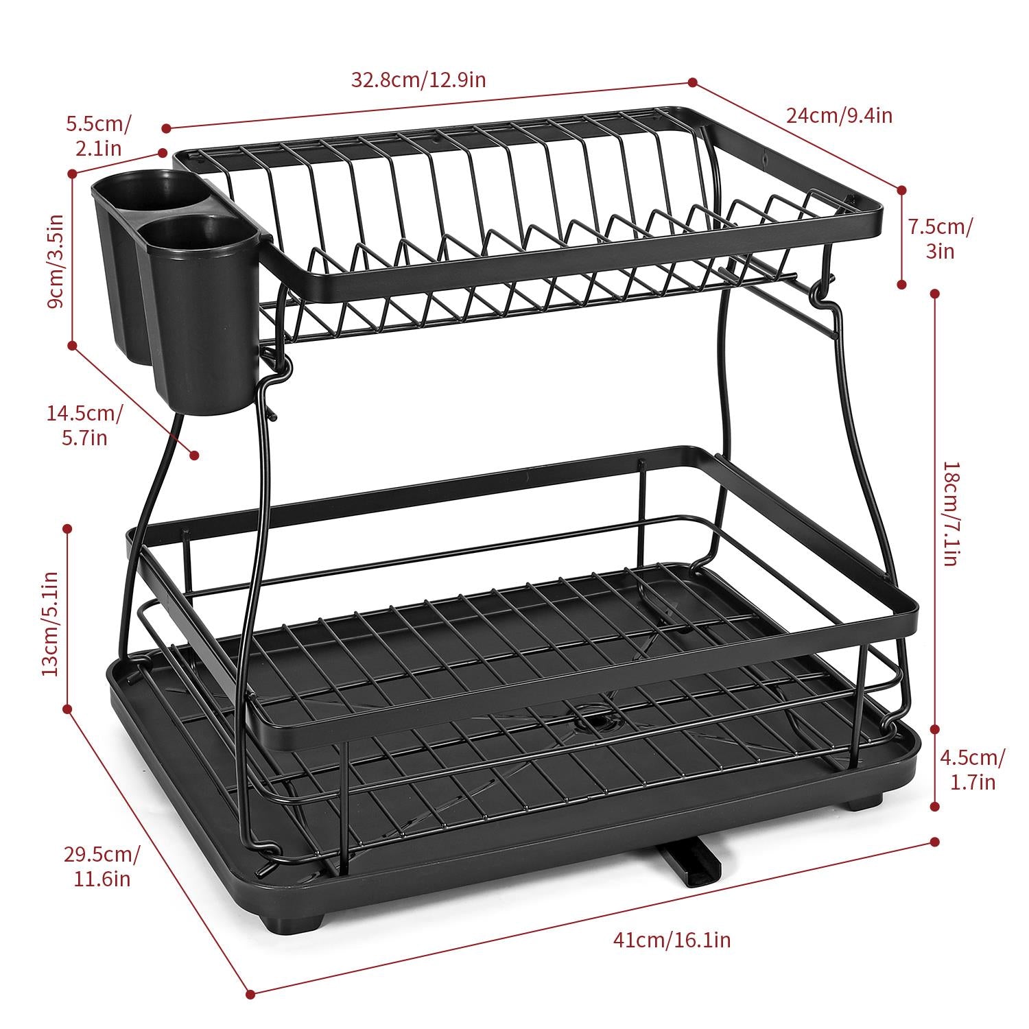 Vinsani 2-Tier Detachable Dish Drying Rack with Automatic Drainage, Stainless Steel, Utensil Holder and Drip Tray