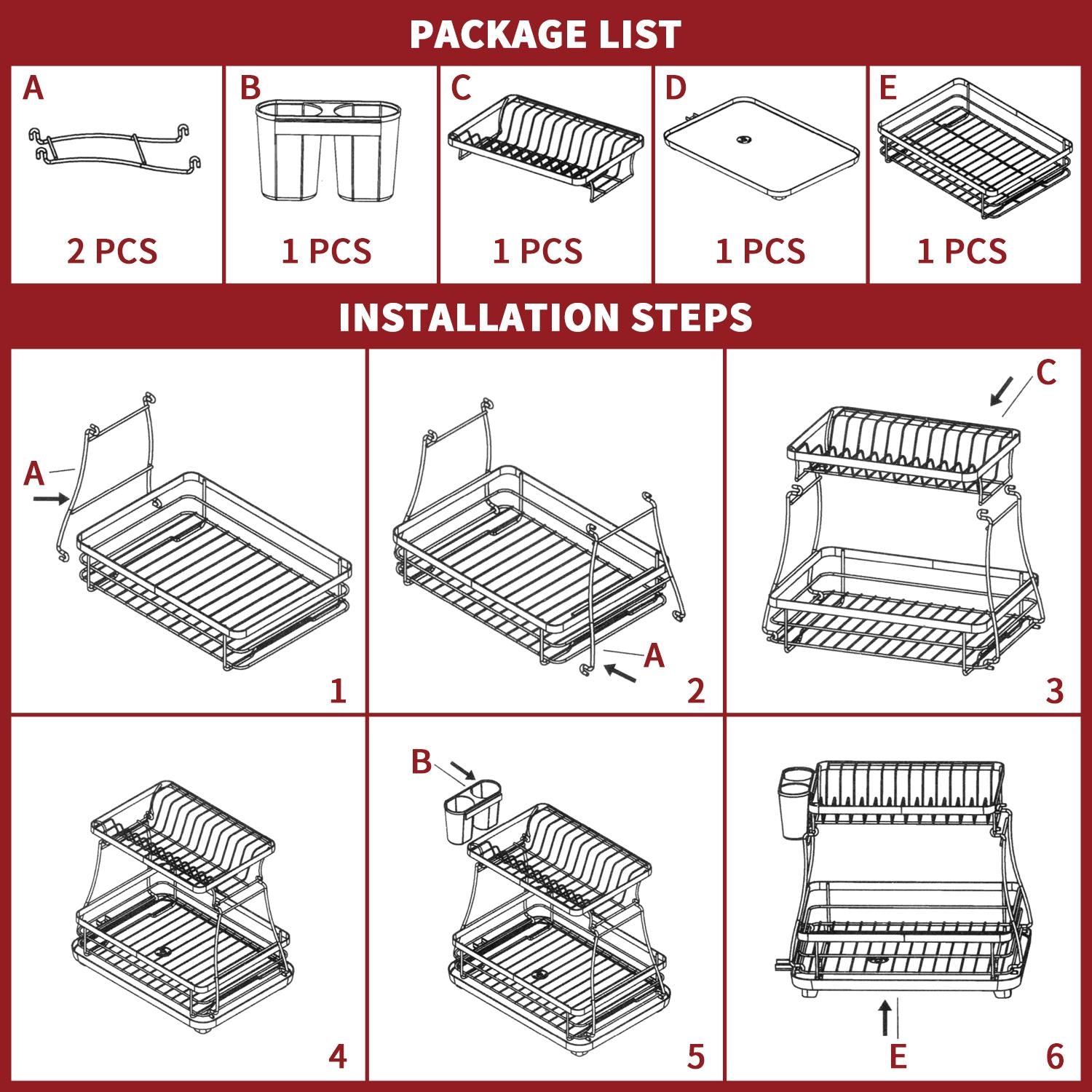 Vinsani 2-Tier Detachable Dish Drying Rack with Automatic Drainage, Stainless Steel, Utensil Holder and Drip Tray