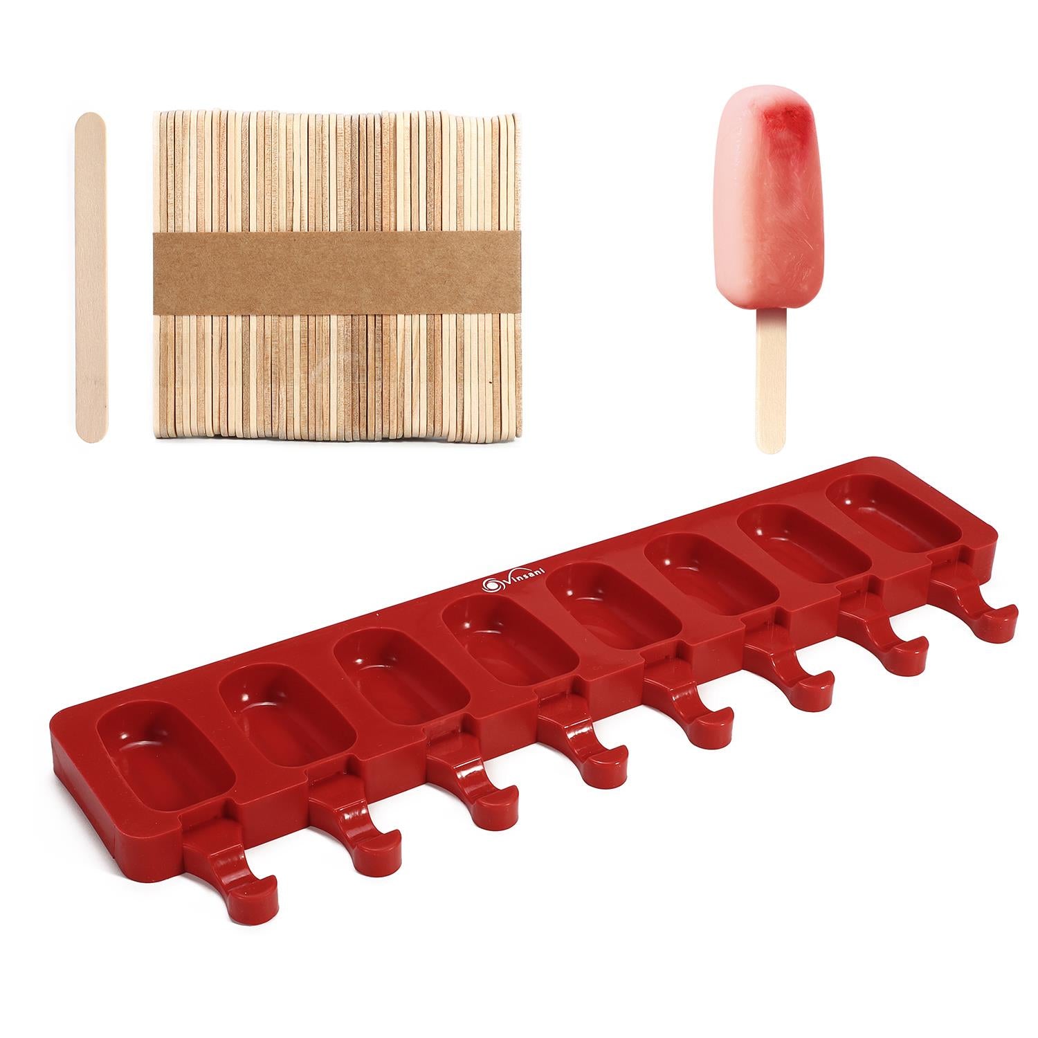 Vinsani 8 Cavity Ice Lolly Maker Silicone Mould with 50 Wooden Sticks
