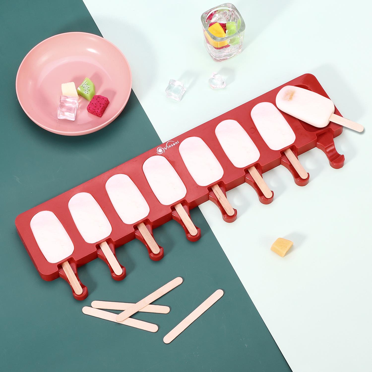 Vinsani 8 Cavity Ice Lolly Maker Silicone Mould with 50 Wooden Sticks