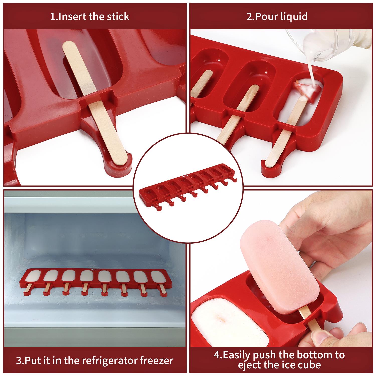 Vinsani 8 Cavity Ice Lolly Maker Silicone Mould with 50 Wooden Sticks