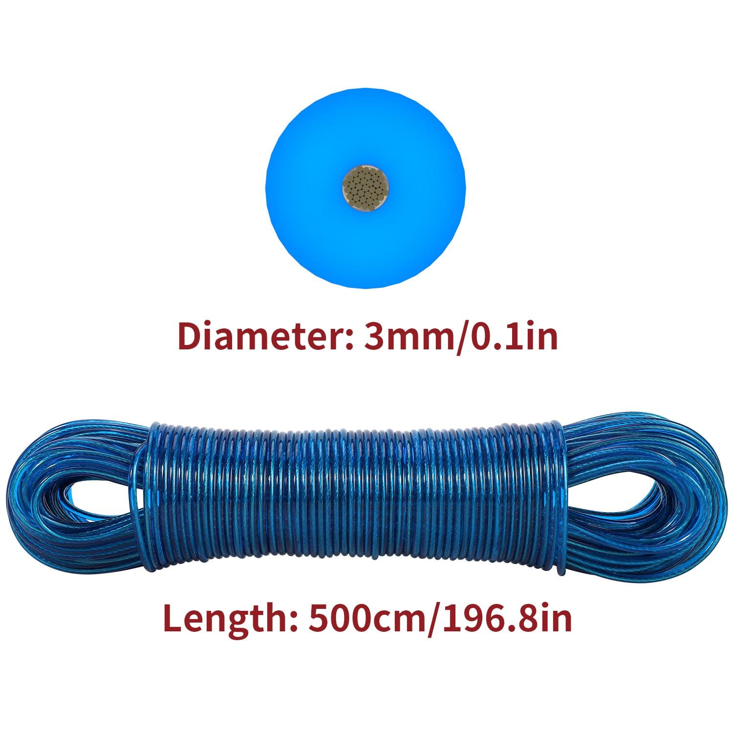 Vinsani Blue 50m Washing Line Rope Steel Core PVC Coated 200kg Pulling Force