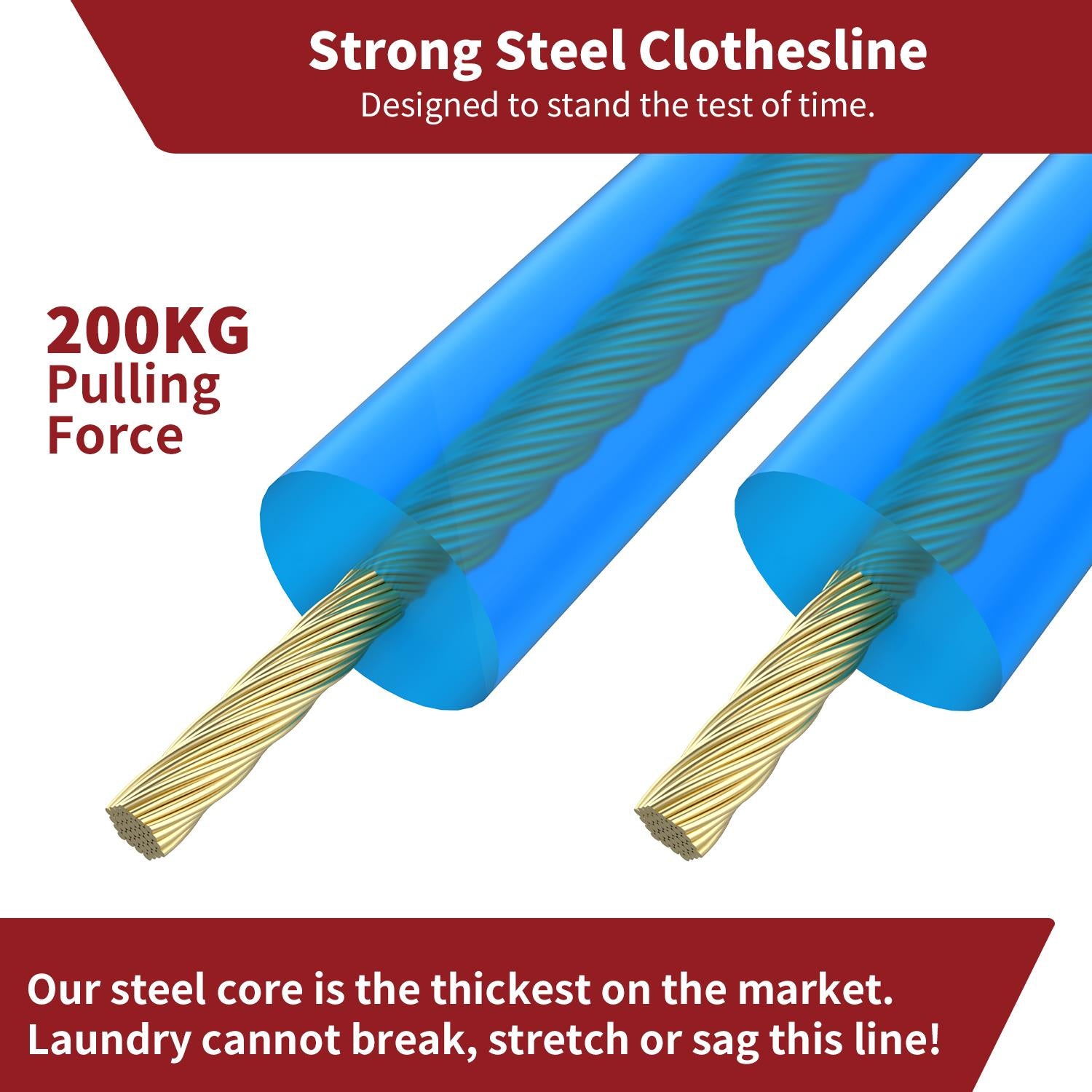 Vinsani Blue 50m Washing Line Rope Steel Core PVC Coated 200kg Pulling Force