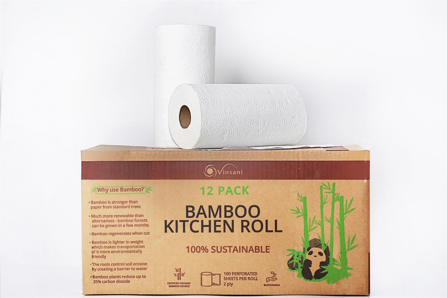 Vinsani Bamboo Kitchen Rolls, 12 Pack, Eco-Friendly & Absorbent