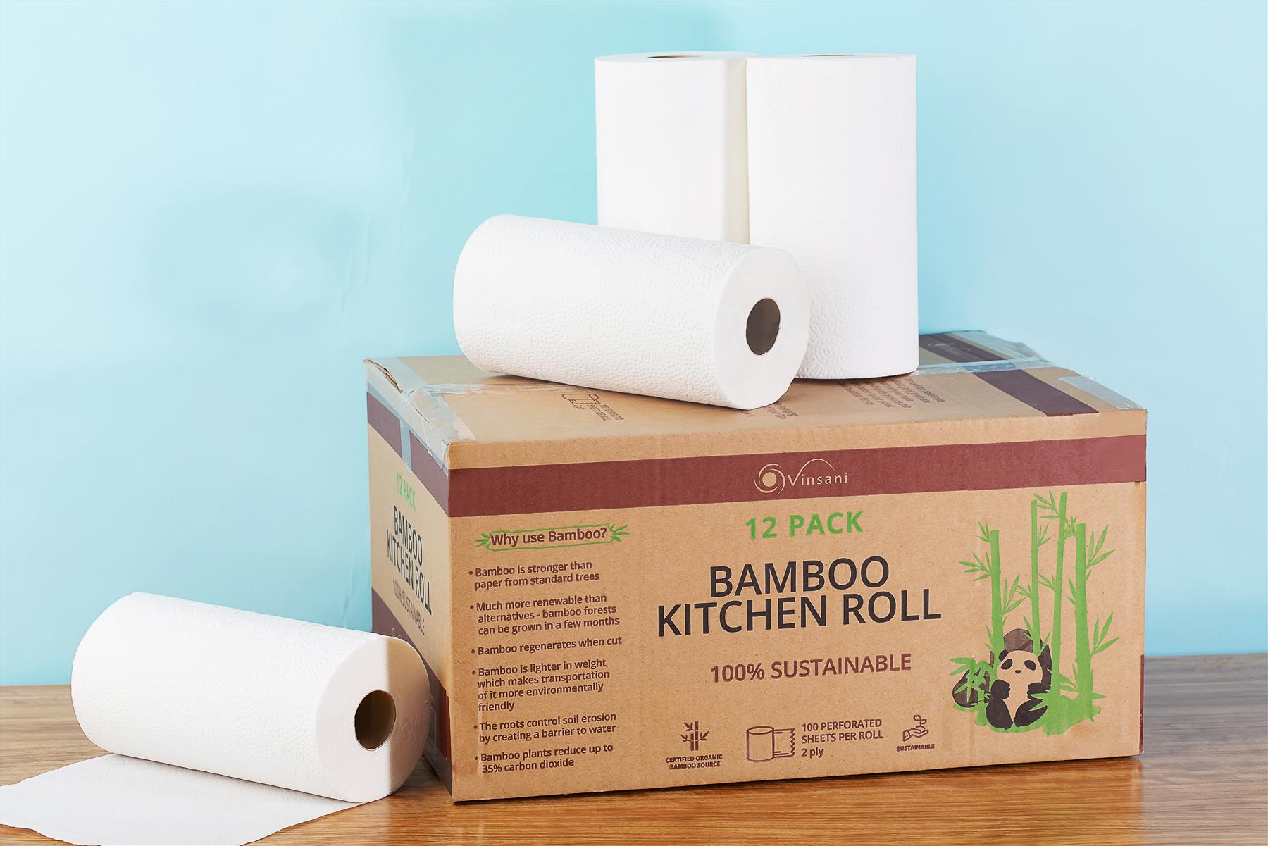 Vinsani Bamboo Kitchen Rolls, 12 Pack, Eco-Friendly & Absorbent