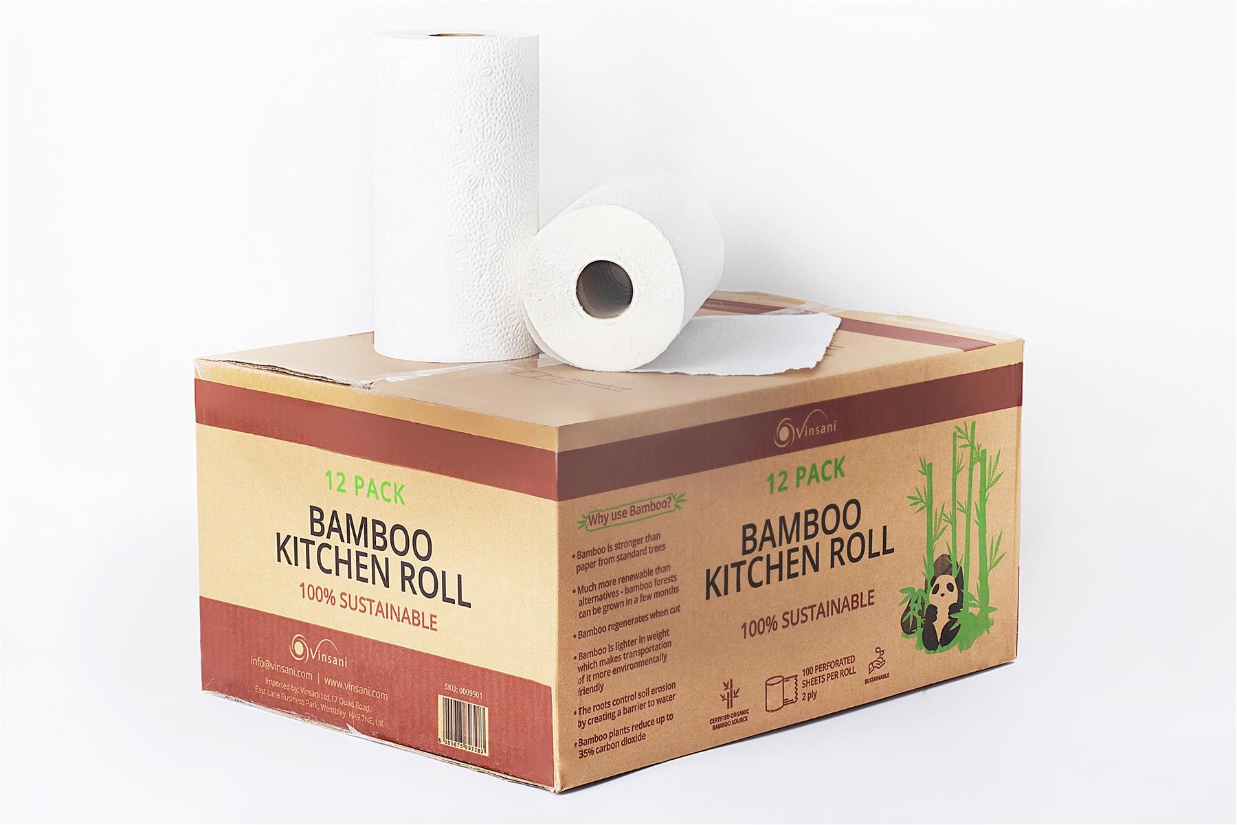 Vinsani Bamboo Kitchen Rolls, 12 Pack, Eco-Friendly & Absorbent