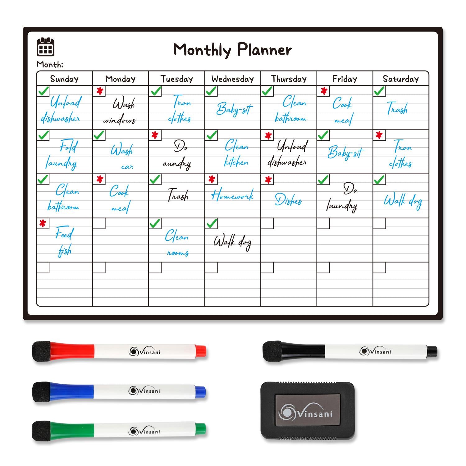 Vinsani Magnetic Monthly Planner Whiteboard with 4 Markers & Eraser