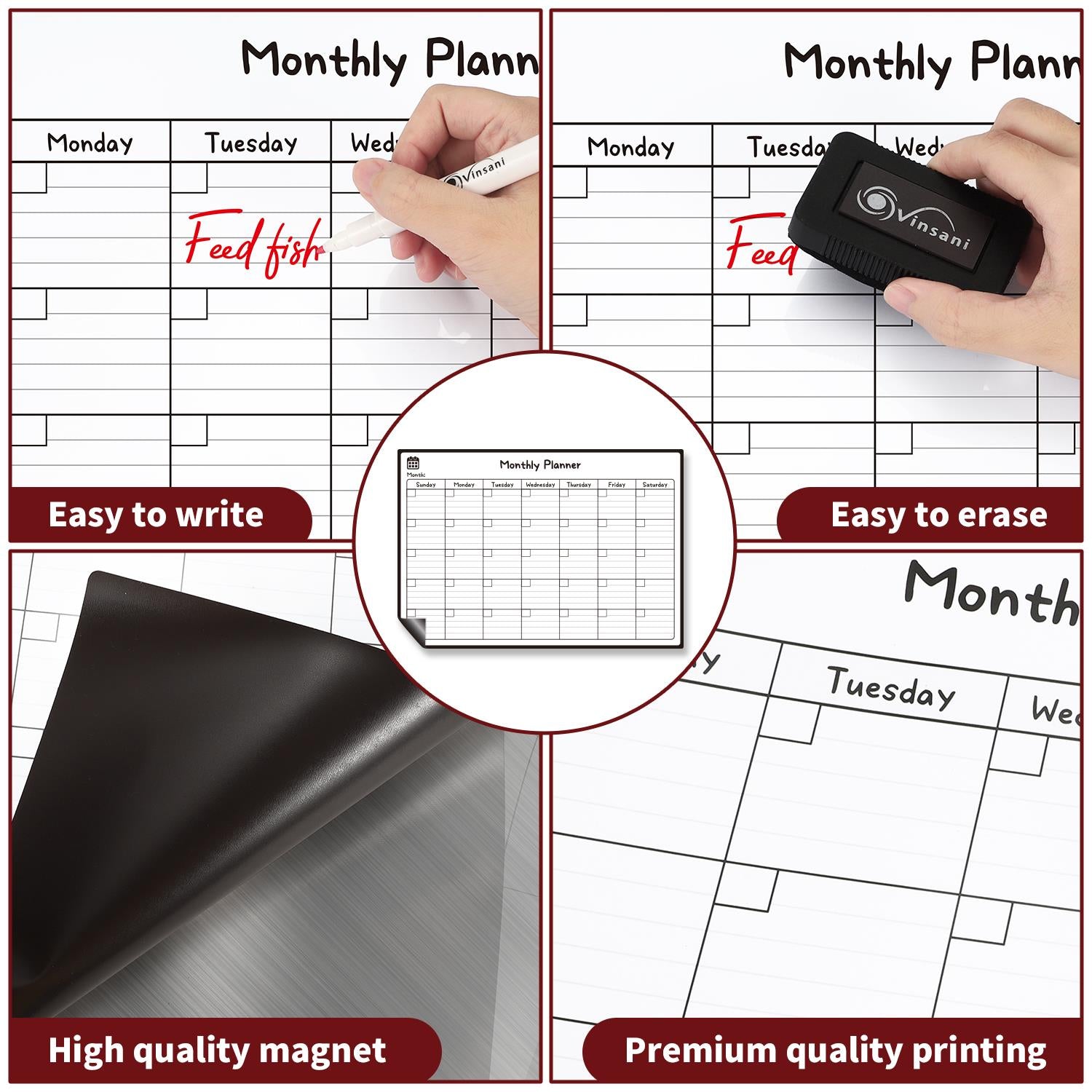 Vinsani Magnetic Monthly Planner Whiteboard with 4 Markers & Eraser