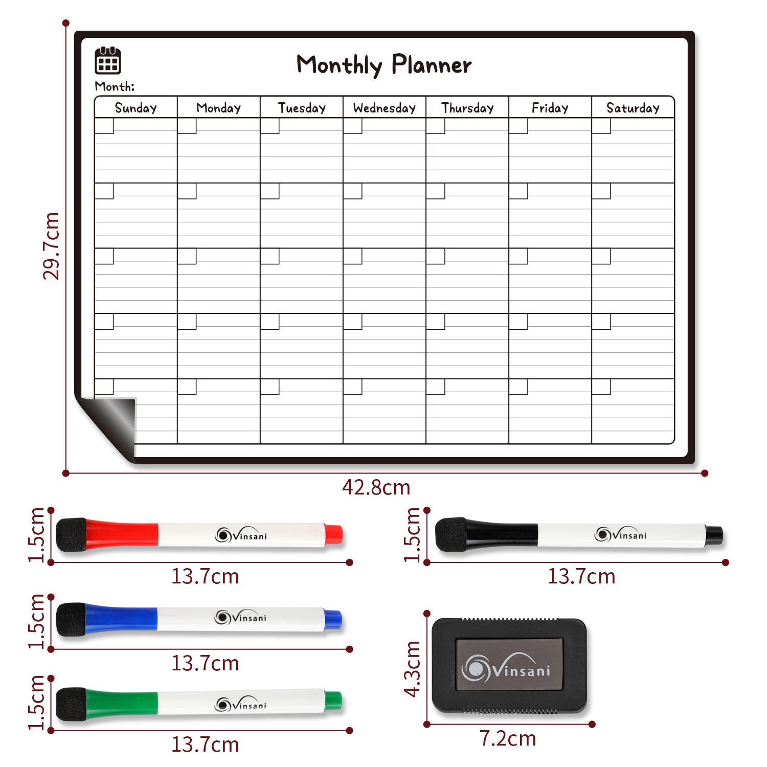 Vinsani Magnetic Monthly Planner Whiteboard with 4 Markers & Eraser