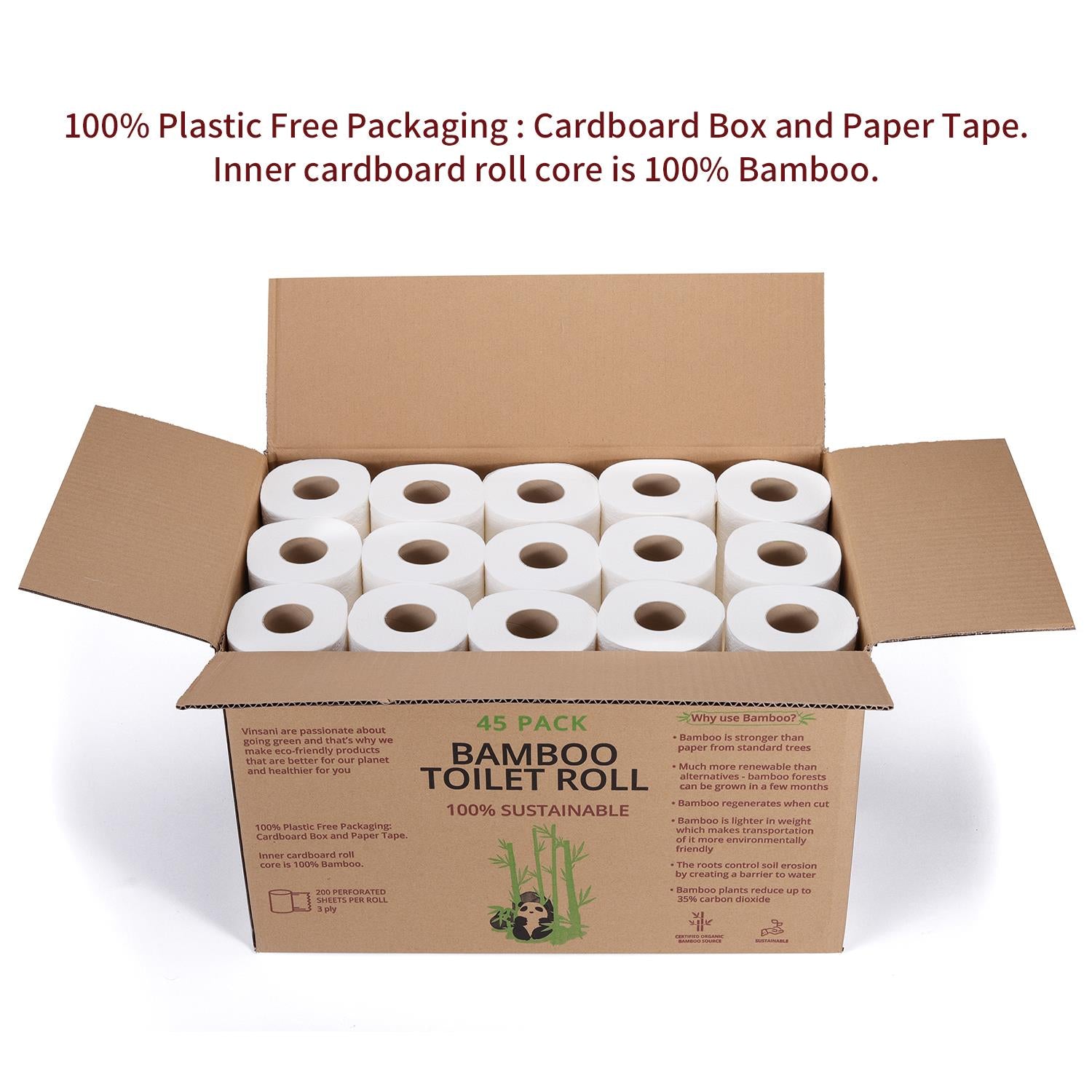 Vinsani Bamboo Toilet Rolls 45 Pack, 3-Ply, 200 Sheets Per Roll, Eco-Friendly