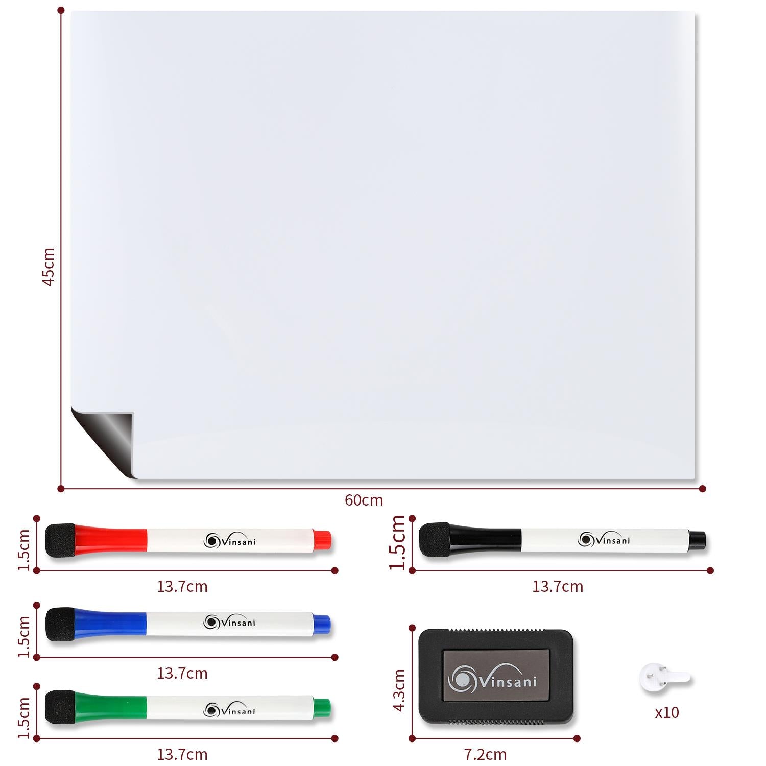 Vinsani 45x60cm Magnetic Whiteboard Set with 4 Markers & Eraser