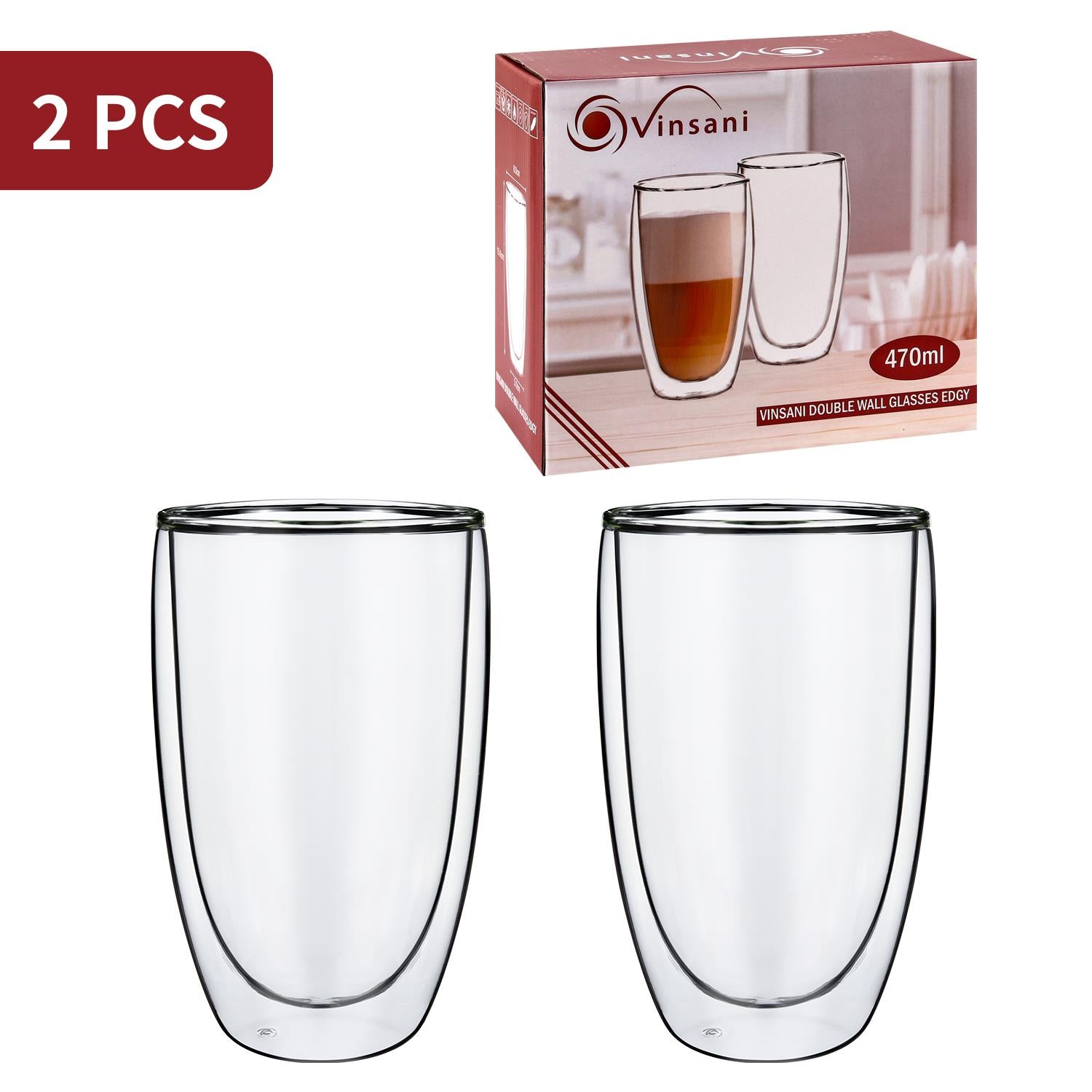 Vinsani Borosilicate Double Wall Glasses Set of 2, 470ml