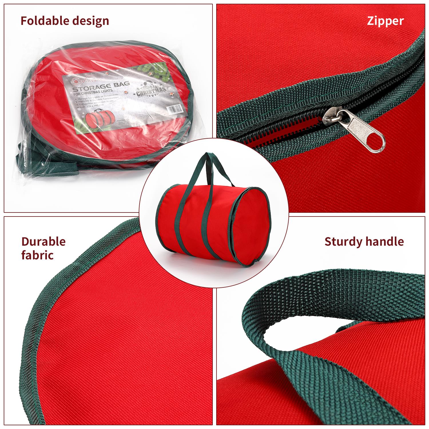 Vinsani Christmas Lights Storage Bag, Waterproof Dustproof Red Oxford Fabric, 38 x 32 x 32 cm