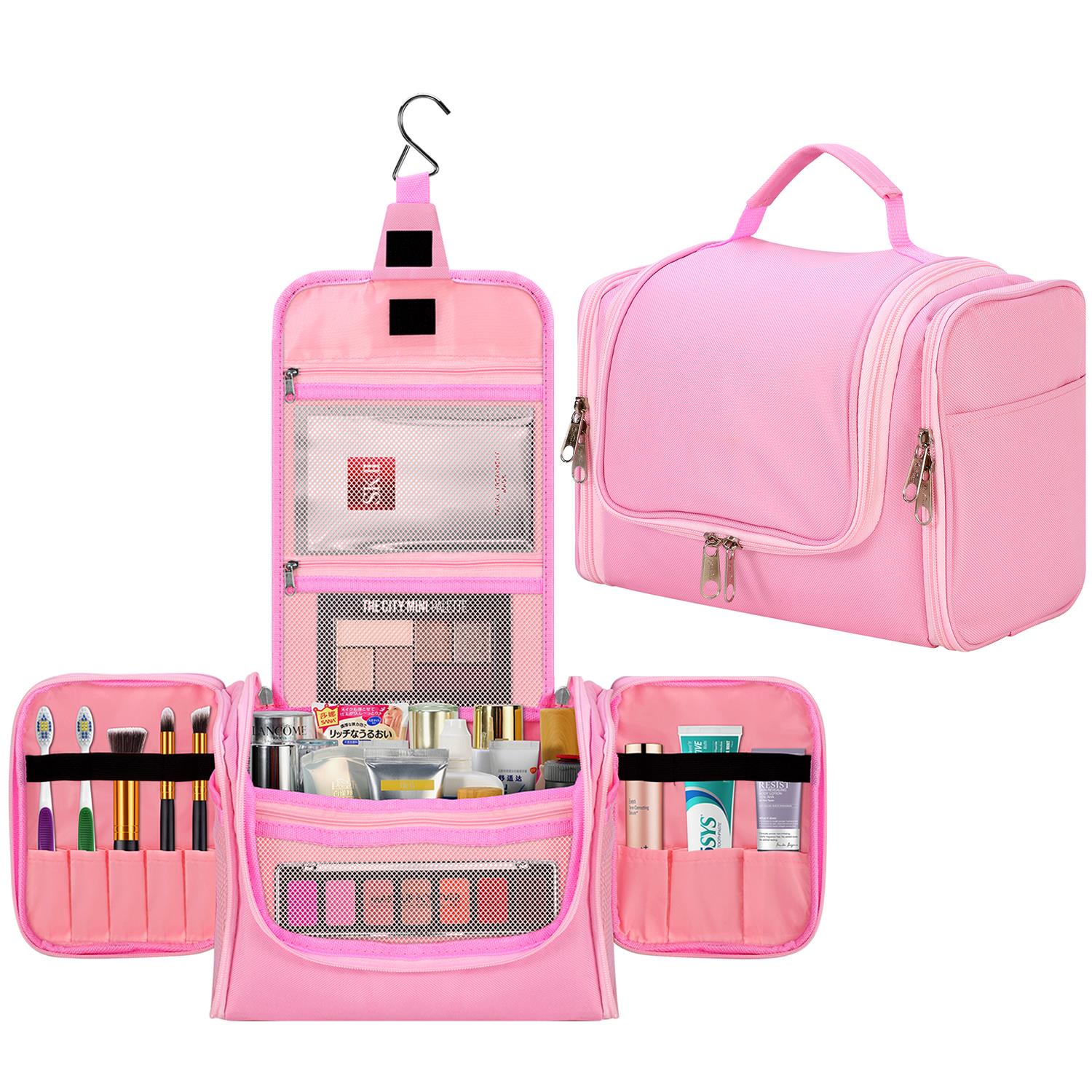 Vinsani Pink Travel Toiletry Wash Bag with Hook and Compartments