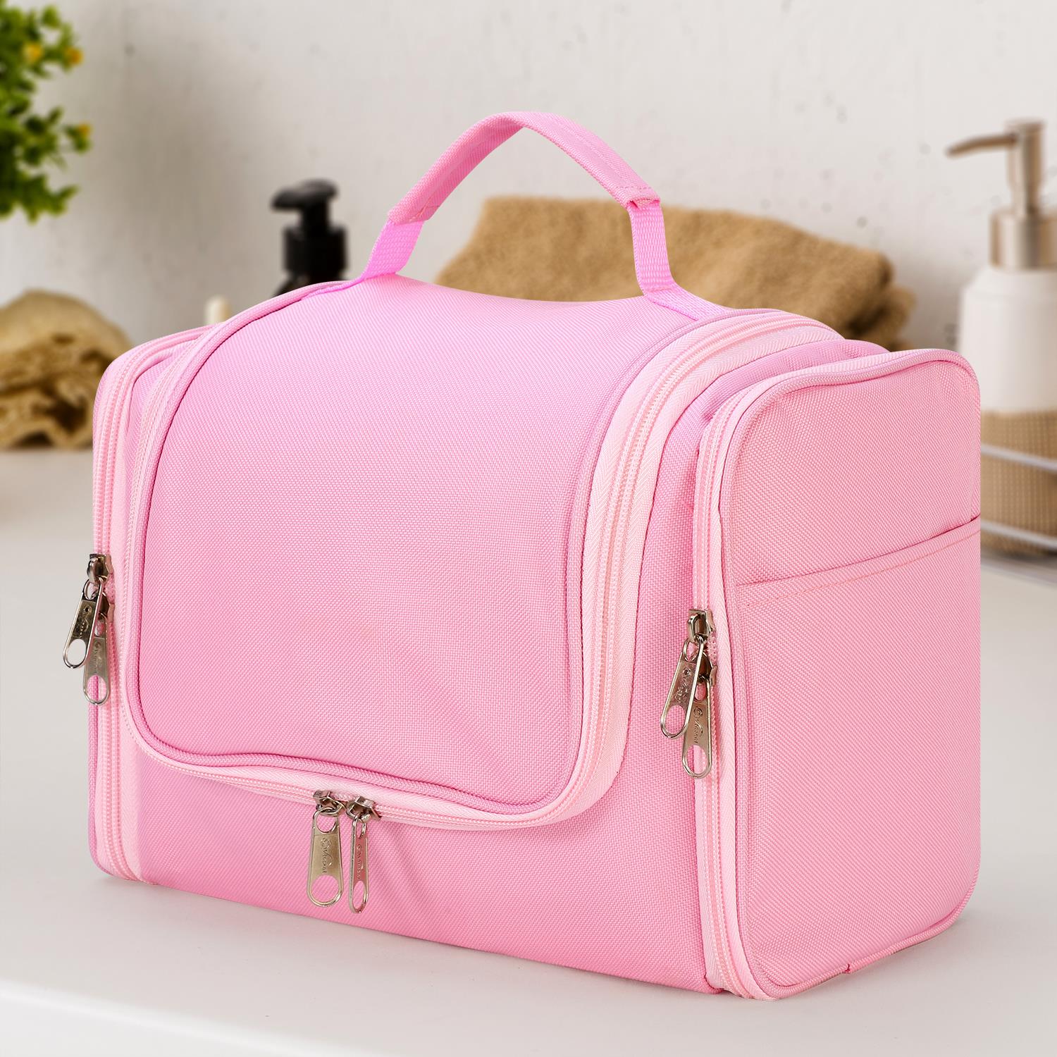 Vinsani Pink Travel Toiletry Wash Bag with Hook and Compartments