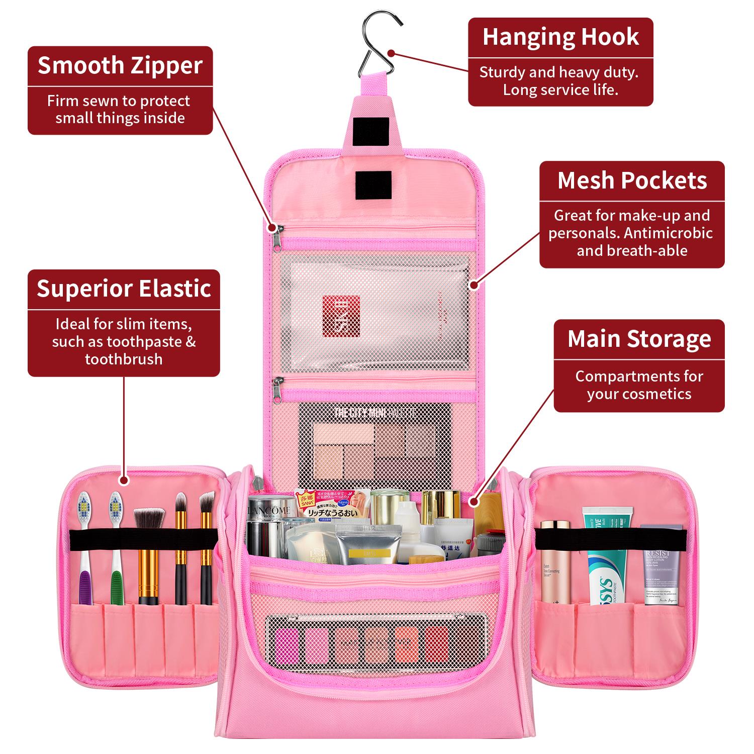 Vinsani Pink Travel Toiletry Wash Bag with Hook and Compartments