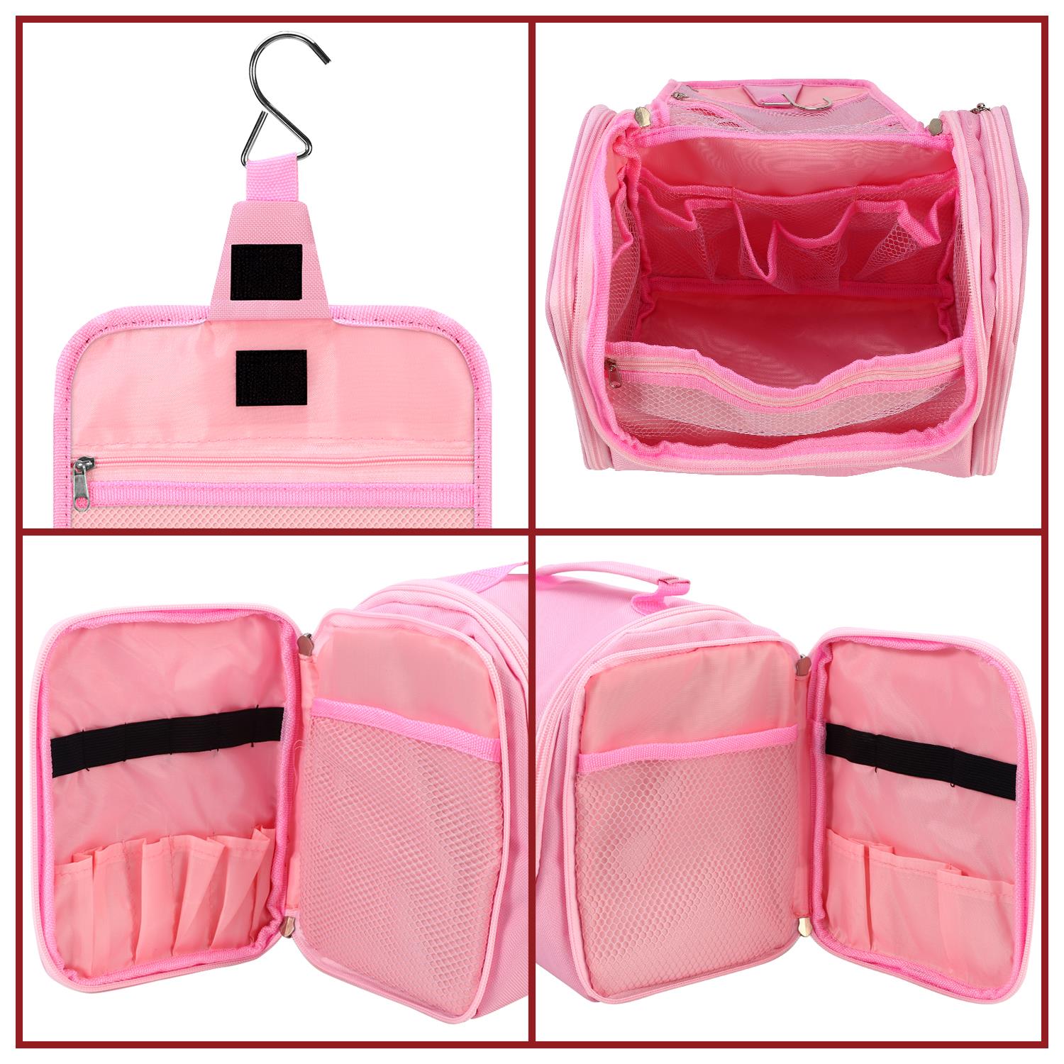 Vinsani Pink Travel Toiletry Wash Bag with Hook and Compartments