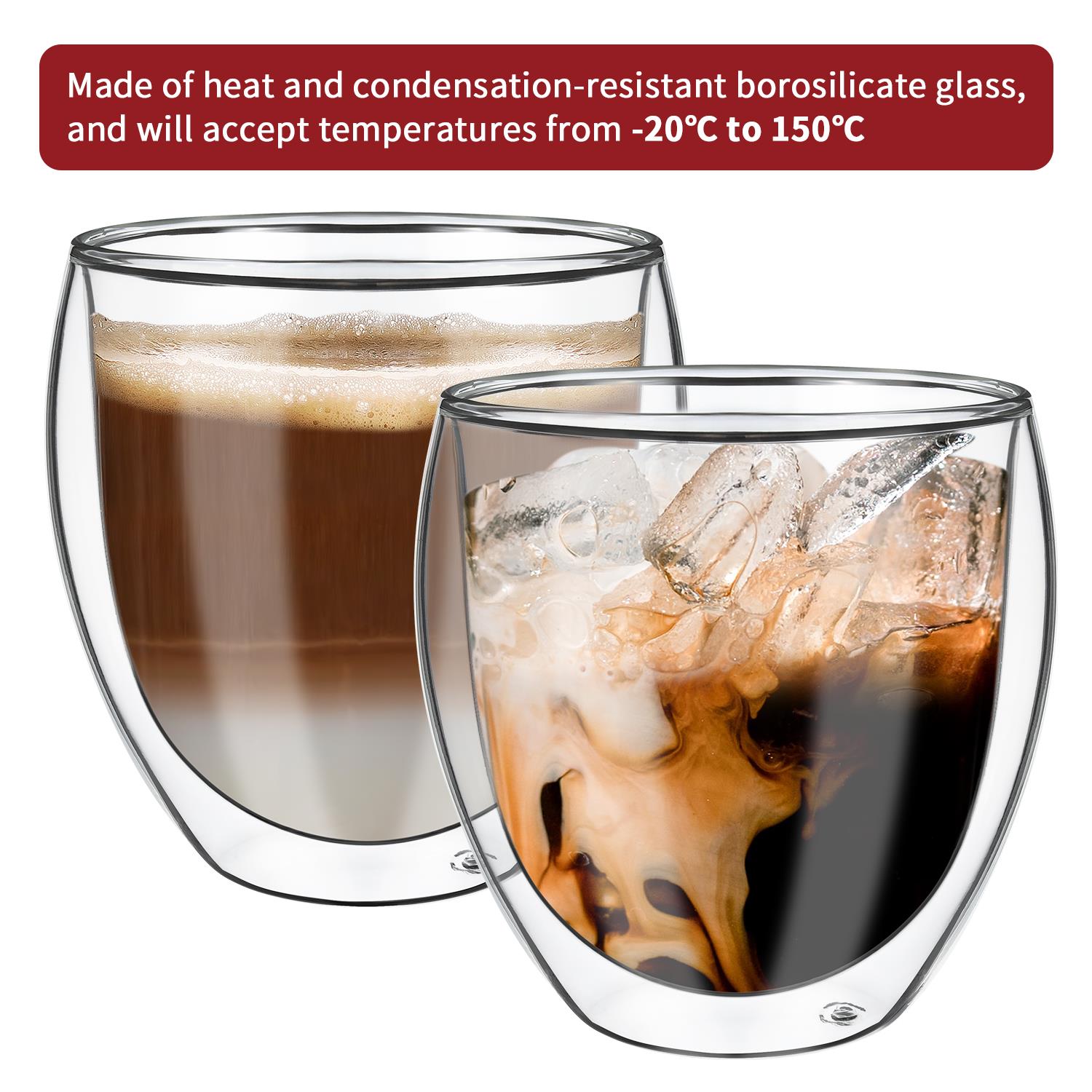 Vinsani Double Wall Glasses Set of 2, Borosilicate Glass, Dishwasher Safe, for Hot and Cold Drinks