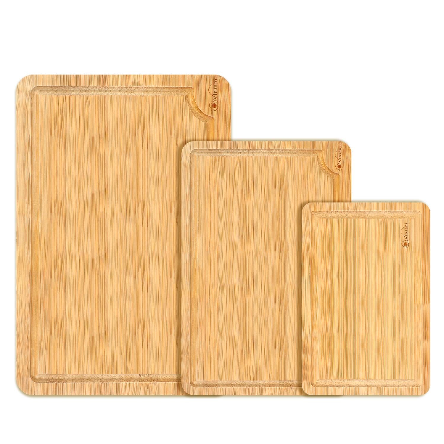 Vinsani 3 Piece Bamboo Chopping Board Set with Drip Grooves and Side Handle