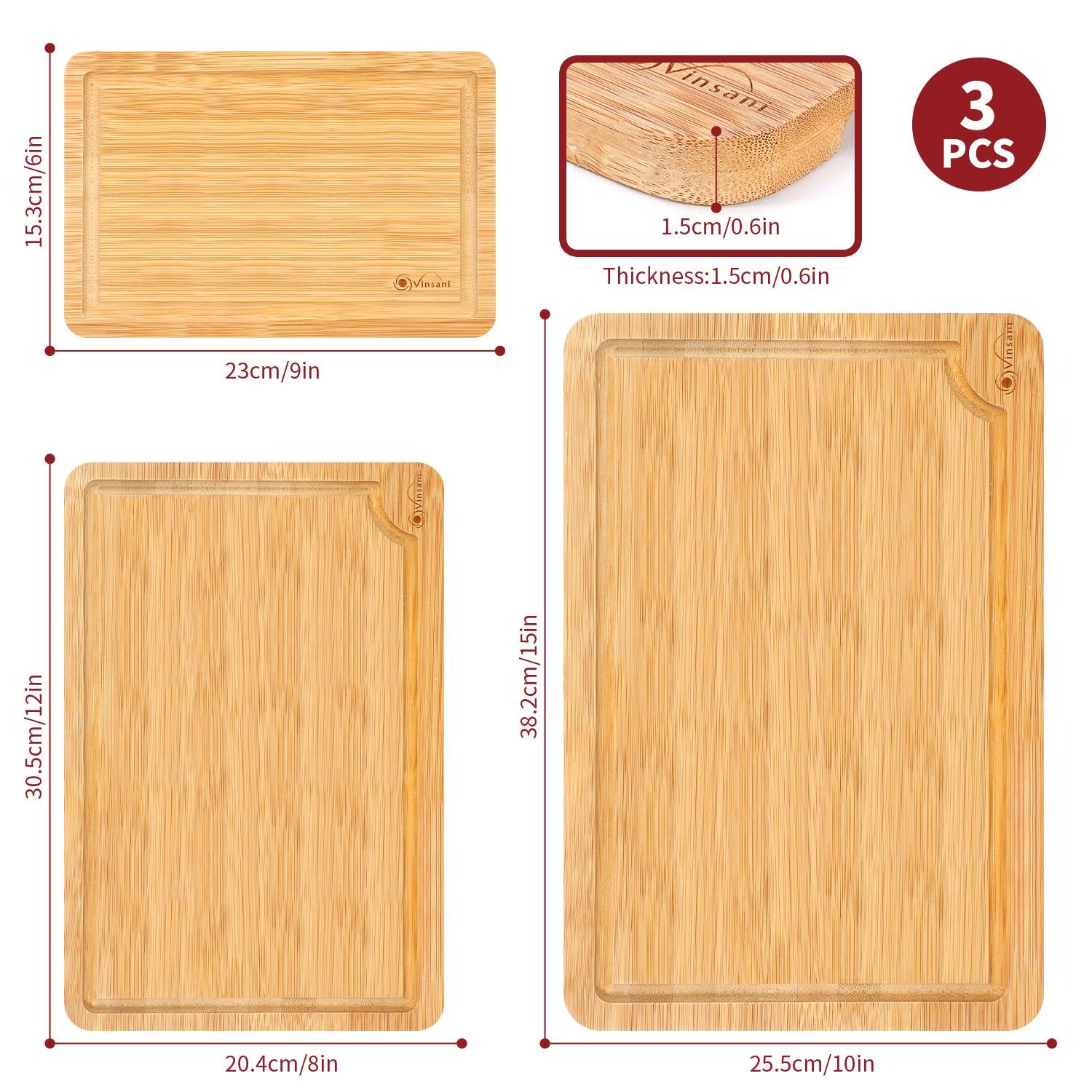 Vinsani 3 Piece Bamboo Chopping Board Set with Drip Grooves and Side Handle
