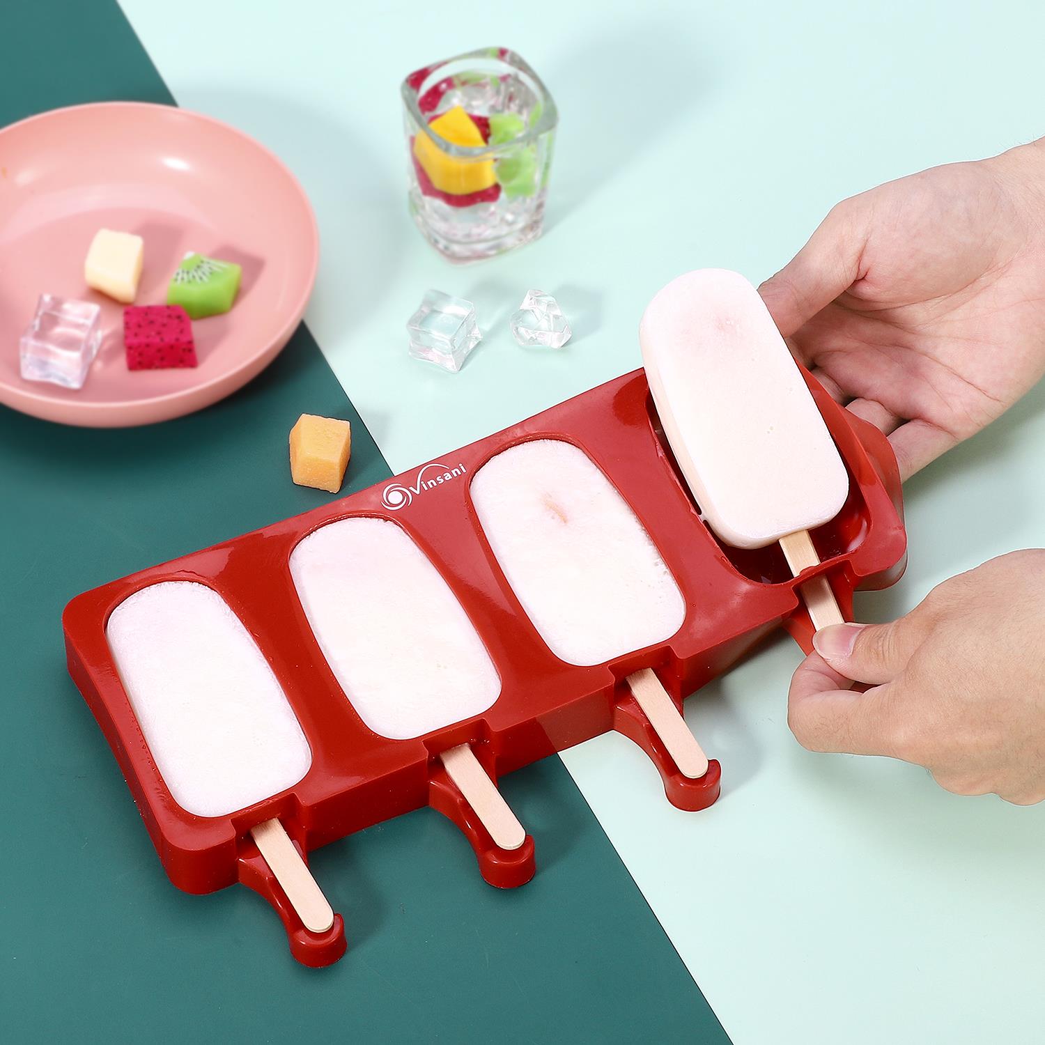 Vinsani 4-Cavity Silicone Ice Lolly Maker with 100 Wooden Sticks