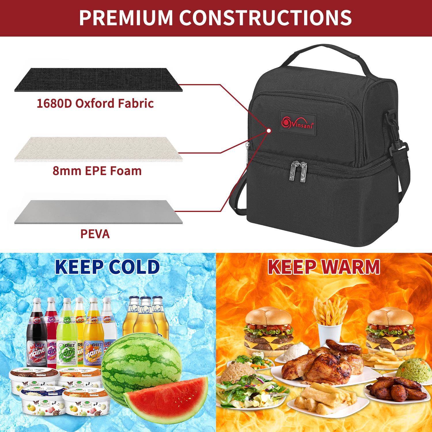 Vinsani 7L Dual Compartment Lunch Cooler Bag, Insulated Cooler Bag with Handle and Shoulder Strap, Water-Resistant, Leak-Proof Lining