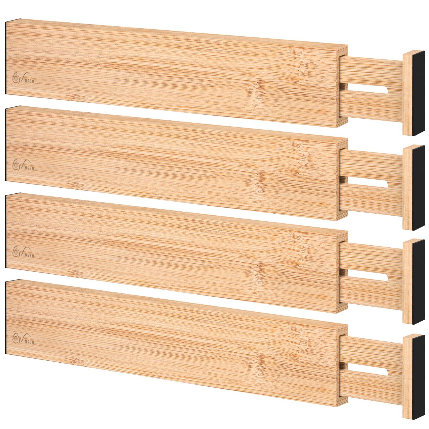 Vinsani Bamboo Adjustable Drawer Dividers, Expandable 42-56 cm, Spring-Loaded Drawer Organisers with Foam Pads, for Kitchen, Bathroom, Bedroom and Dresser Drawers