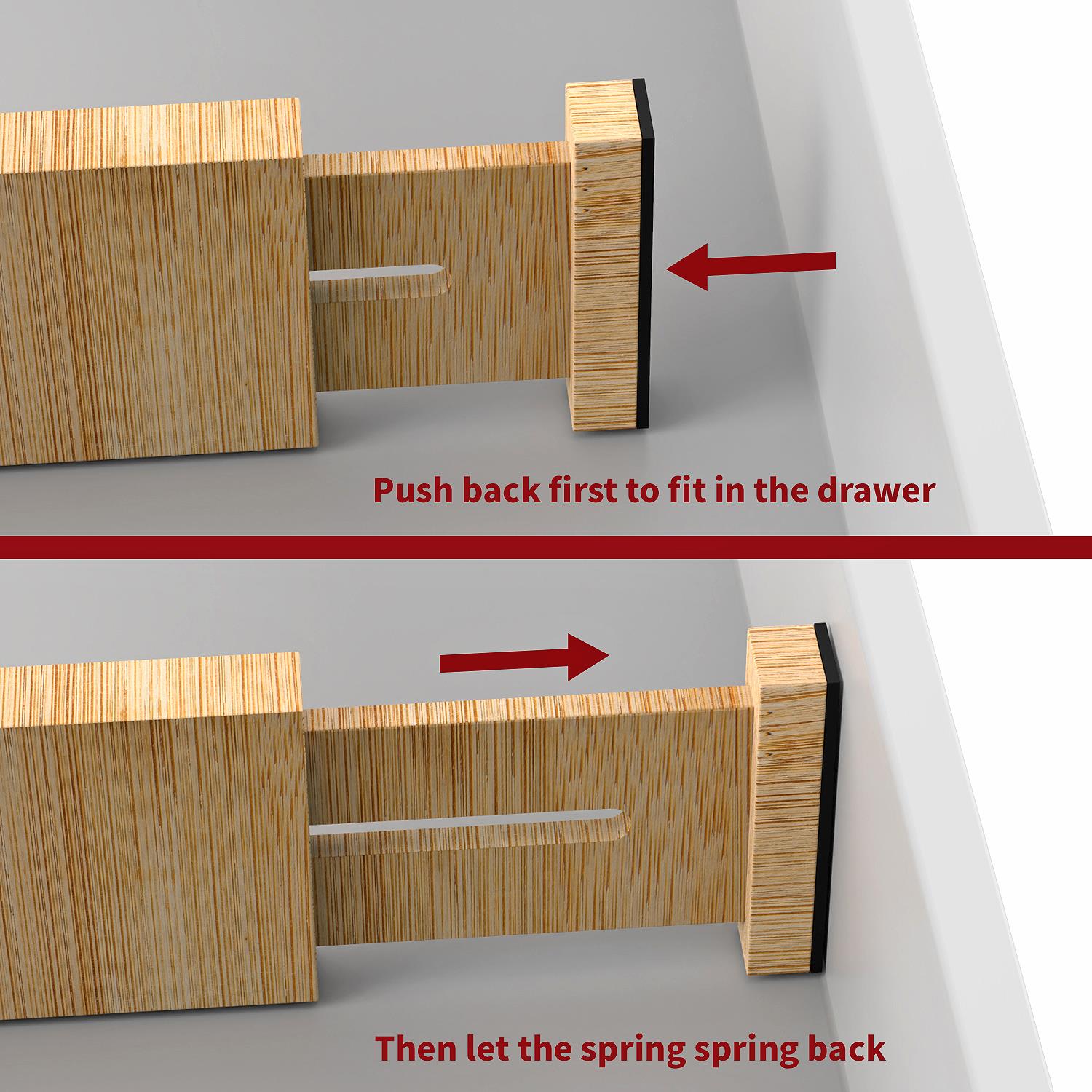 Vinsani Bamboo Adjustable Drawer Dividers, Expandable 42-56 cm, Spring-Loaded Drawer Organisers with Foam Pads, for Kitchen, Bathroom, Bedroom and Dresser Drawers