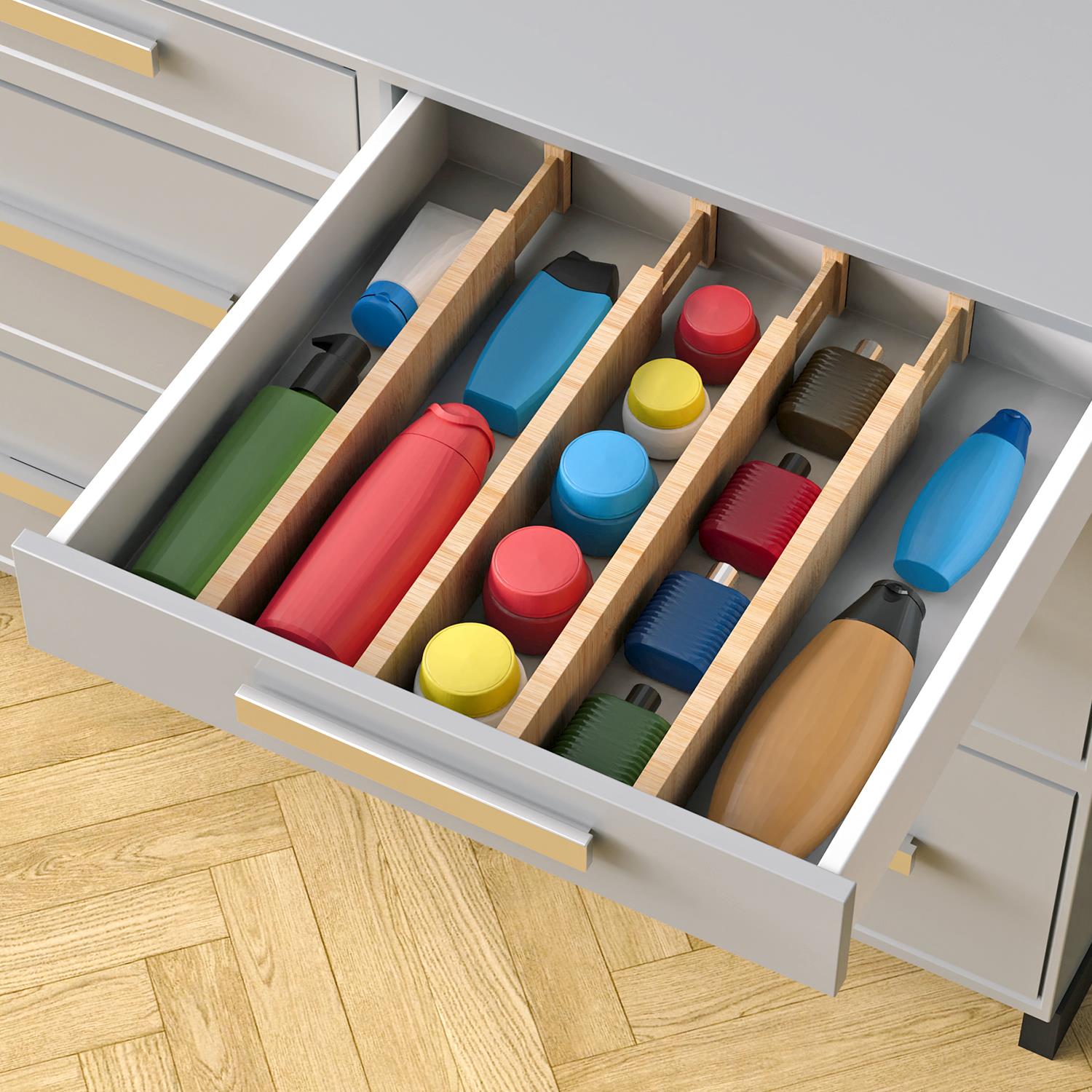 Vinsani Bamboo Adjustable Drawer Dividers, Expandable 42-56 cm, Spring-Loaded Drawer Organisers with Foam Pads, for Kitchen, Bathroom, Bedroom and Dresser Drawers