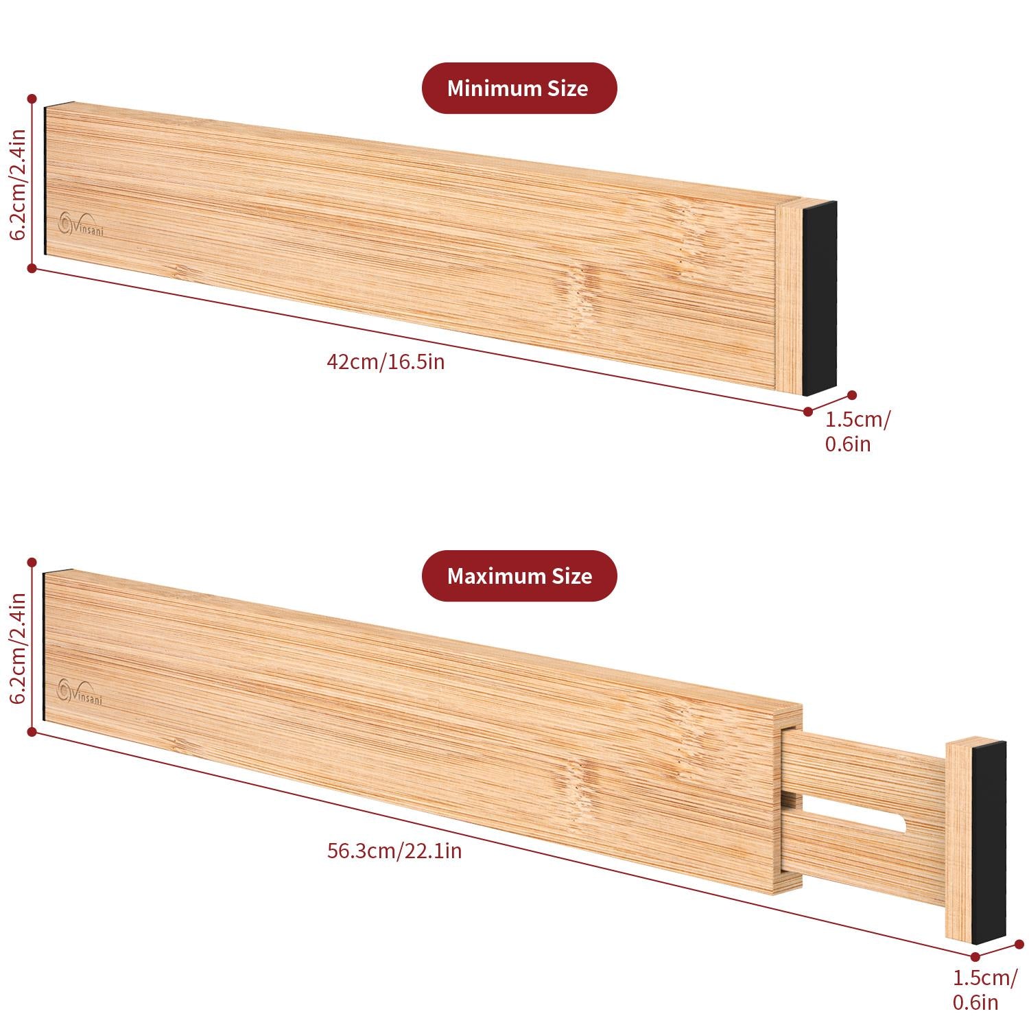 Vinsani Bamboo Adjustable Drawer Dividers, Expandable 42-56 cm, Spring-Loaded Drawer Organisers with Foam Pads, for Kitchen, Bathroom, Bedroom and Dresser Drawers
