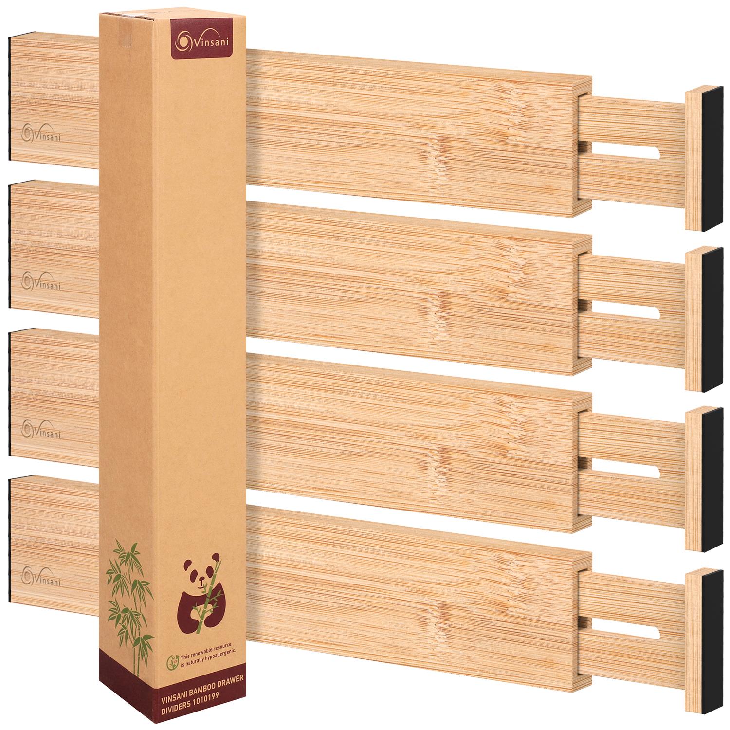 Vinsani Bamboo Adjustable Drawer Dividers, Expandable 42-56 cm, Spring-Loaded Drawer Organisers with Foam Pads, for Kitchen, Bathroom, Bedroom and Dresser Drawers