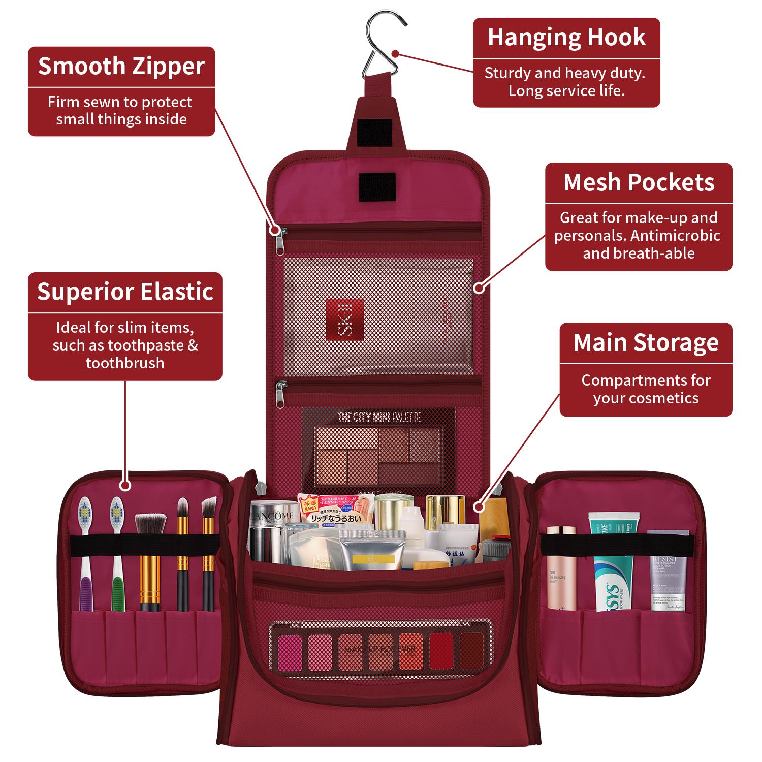 Vinsani Hanging Toiletry Bag with Hook, Waterproof, Hot Pink