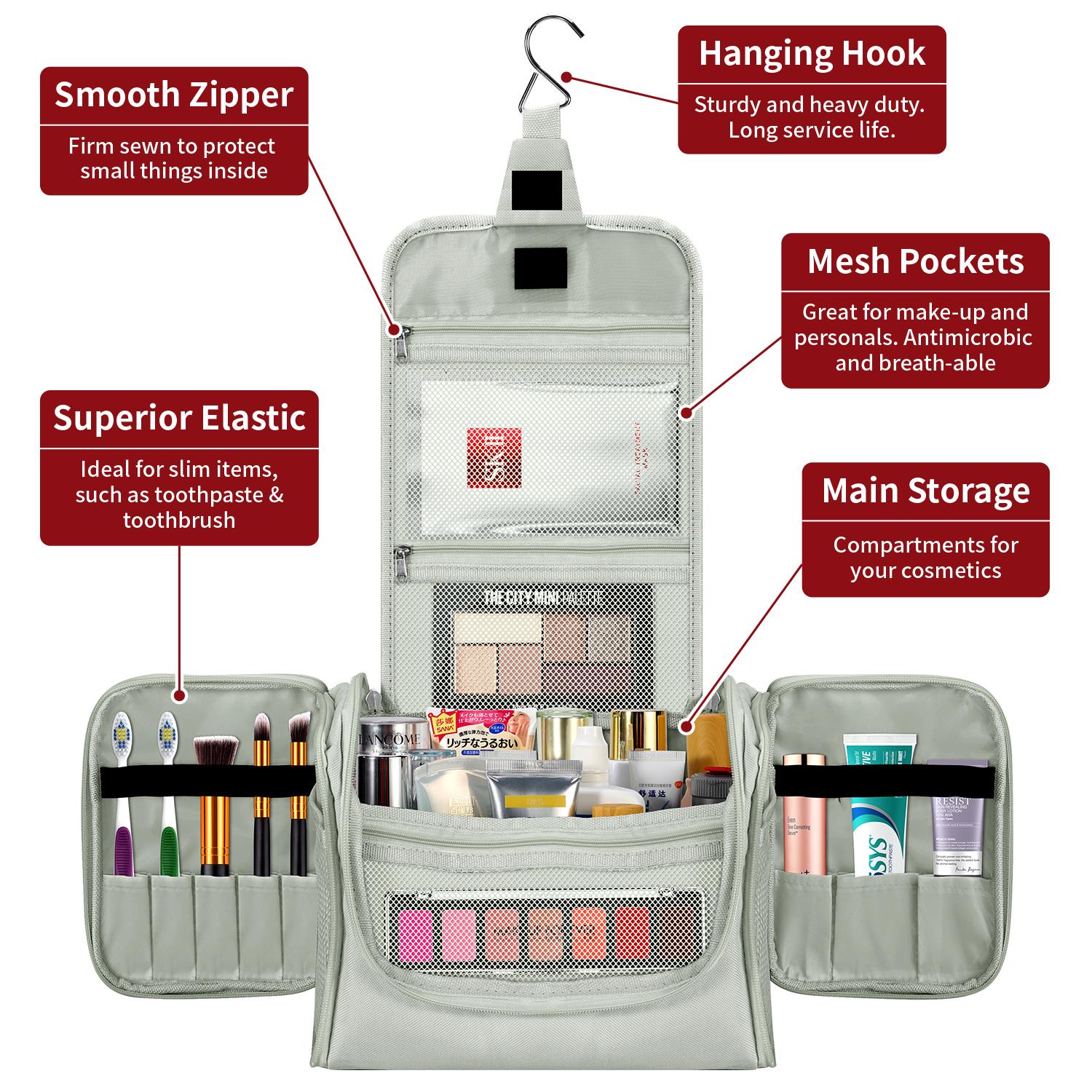 Vinsani Light Grey Travel Toiletry Bag