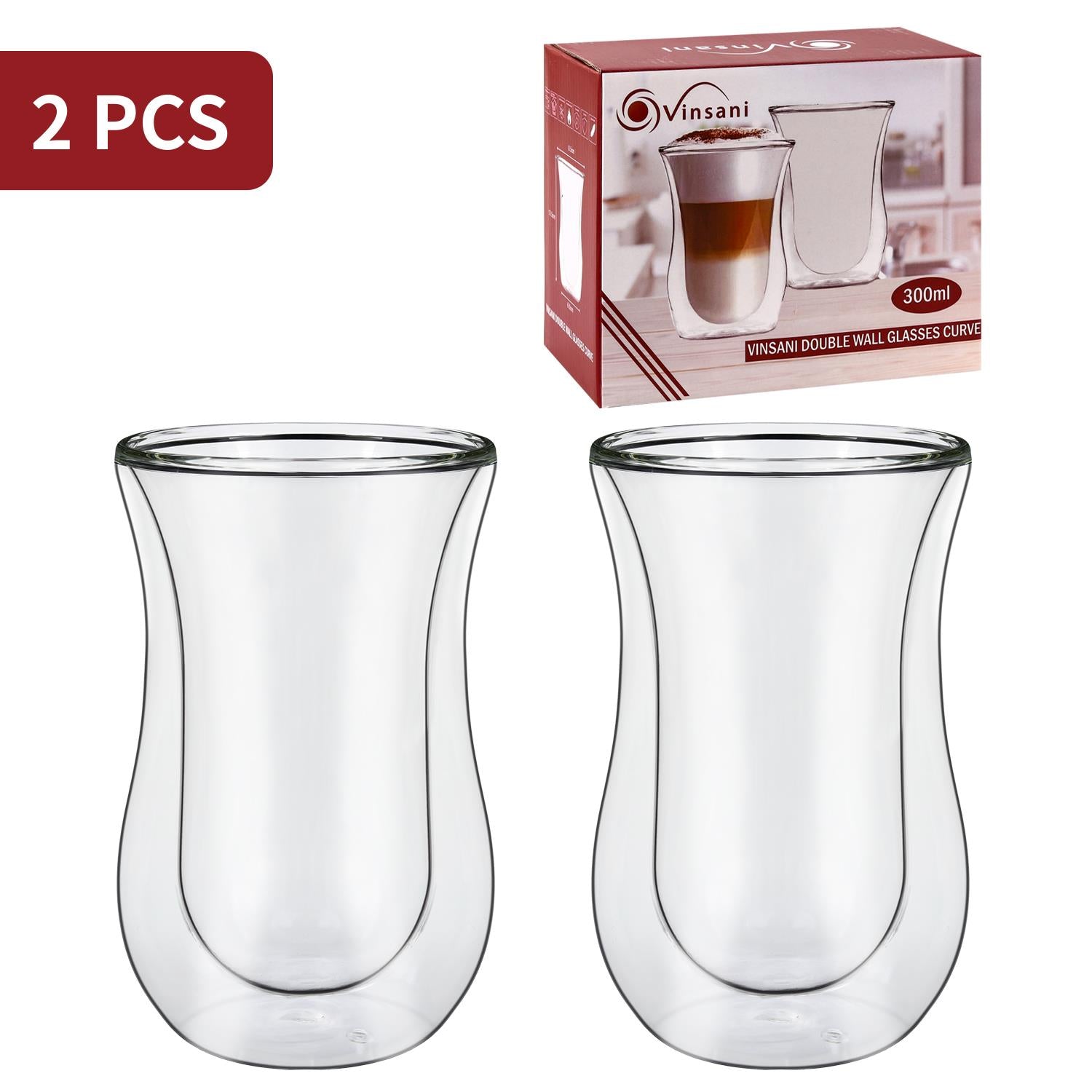 Vinsani Curve Double Walled Glasses Set of 2, 300ml Transparent Borosilicate Glass Cups for Hot and Cold Drinks