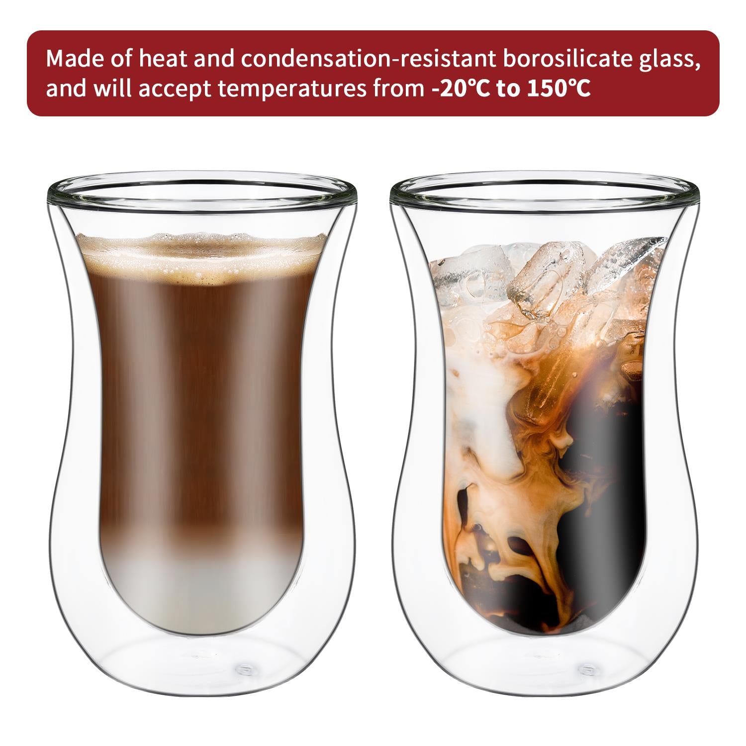 Vinsani Curve Double Walled Glasses Set of 2, 300ml Transparent Borosilicate Glass Cups for Hot and Cold Drinks