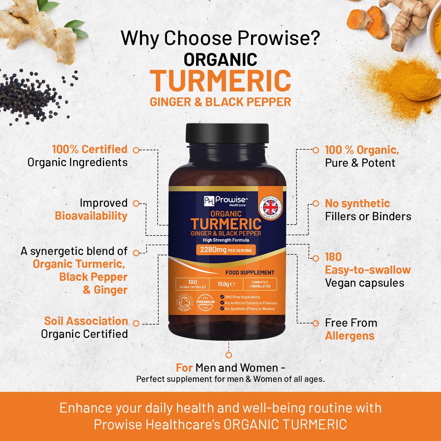 Prowise Healthcare Organic Turmeric Capsules with Ginger & Black Pepper