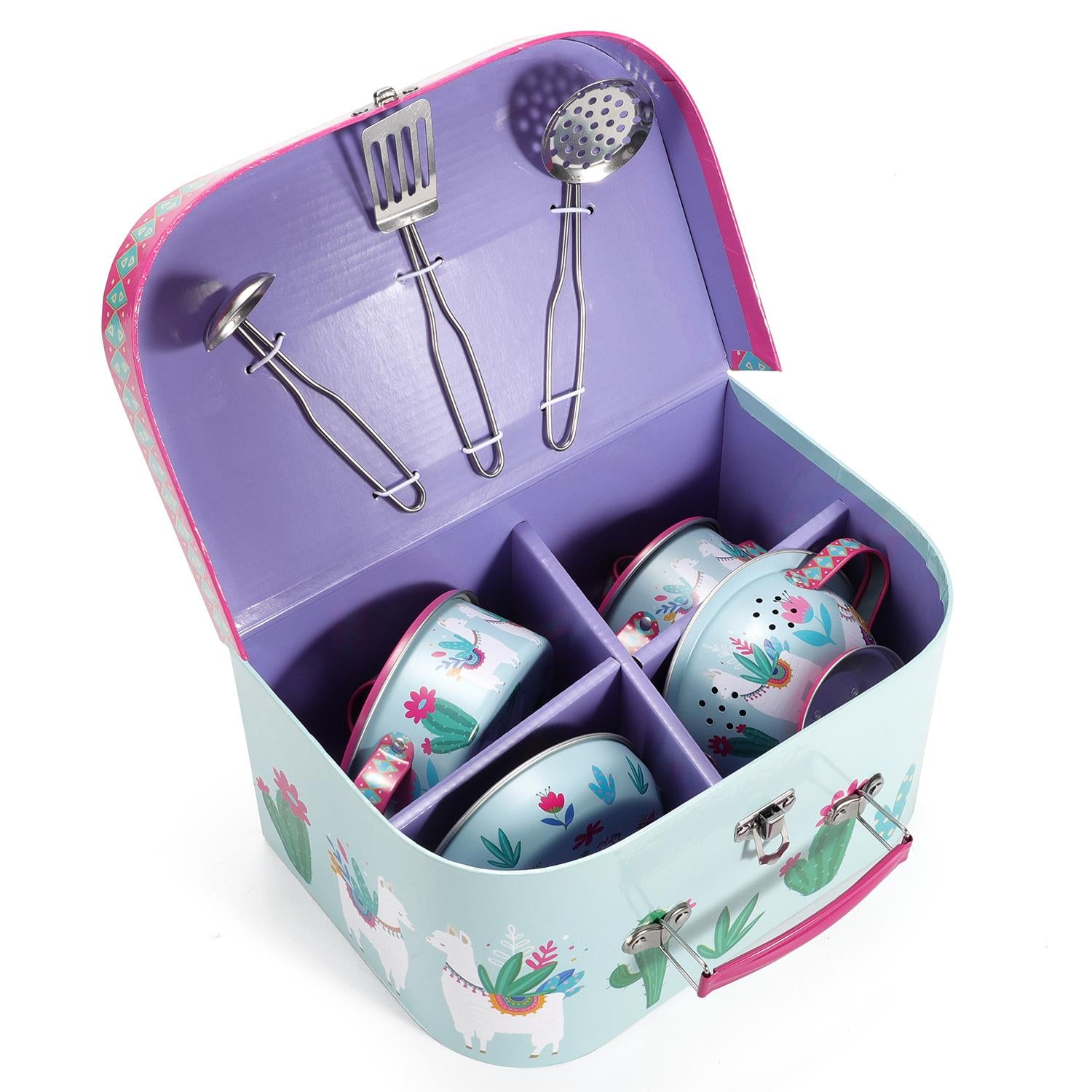 SOKA Play Imagine Learn 10 Piece Kids Kitchenware Set with Llama Illustrations and Carry Case