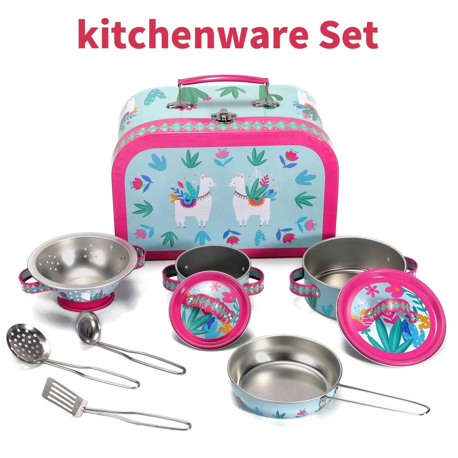 SOKA Play Imagine Learn 10 Piece Kids Kitchenware Set with Llama Illustrations and Carry Case