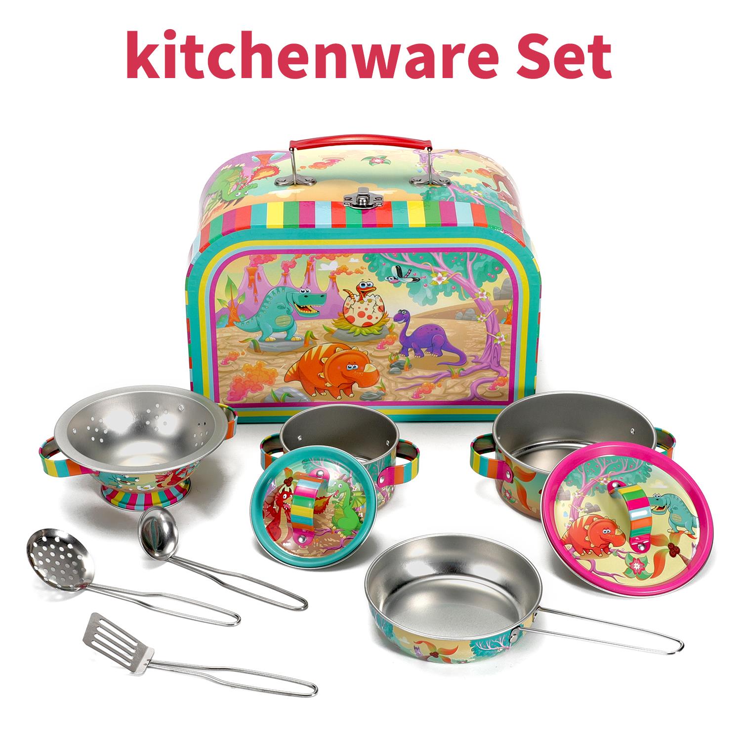 SOKA 10-Piece Dinosaur Kids Kitchenware Play Set with Carry Case